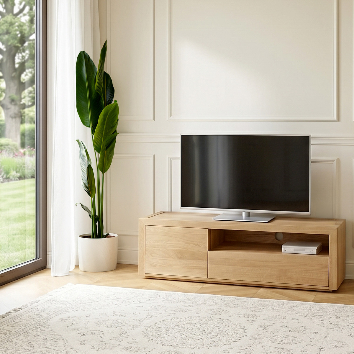 Meuble TV contemporain en chêne, 1 tiroir, 1 porte CAMILLE beige, ROBIN DES BOIS