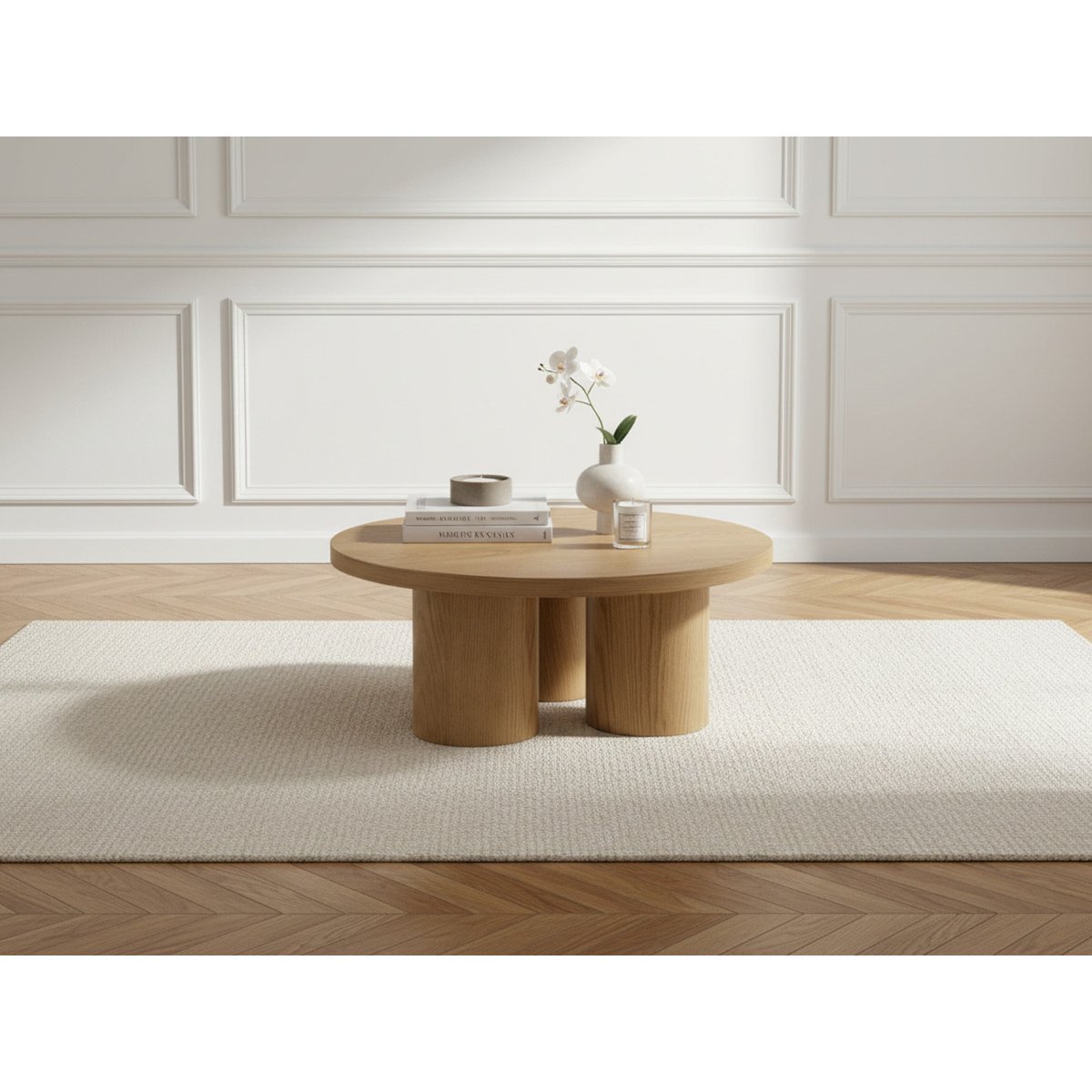 Table basse ronde en placage, AMANZA marron clair, BOBOCHIC