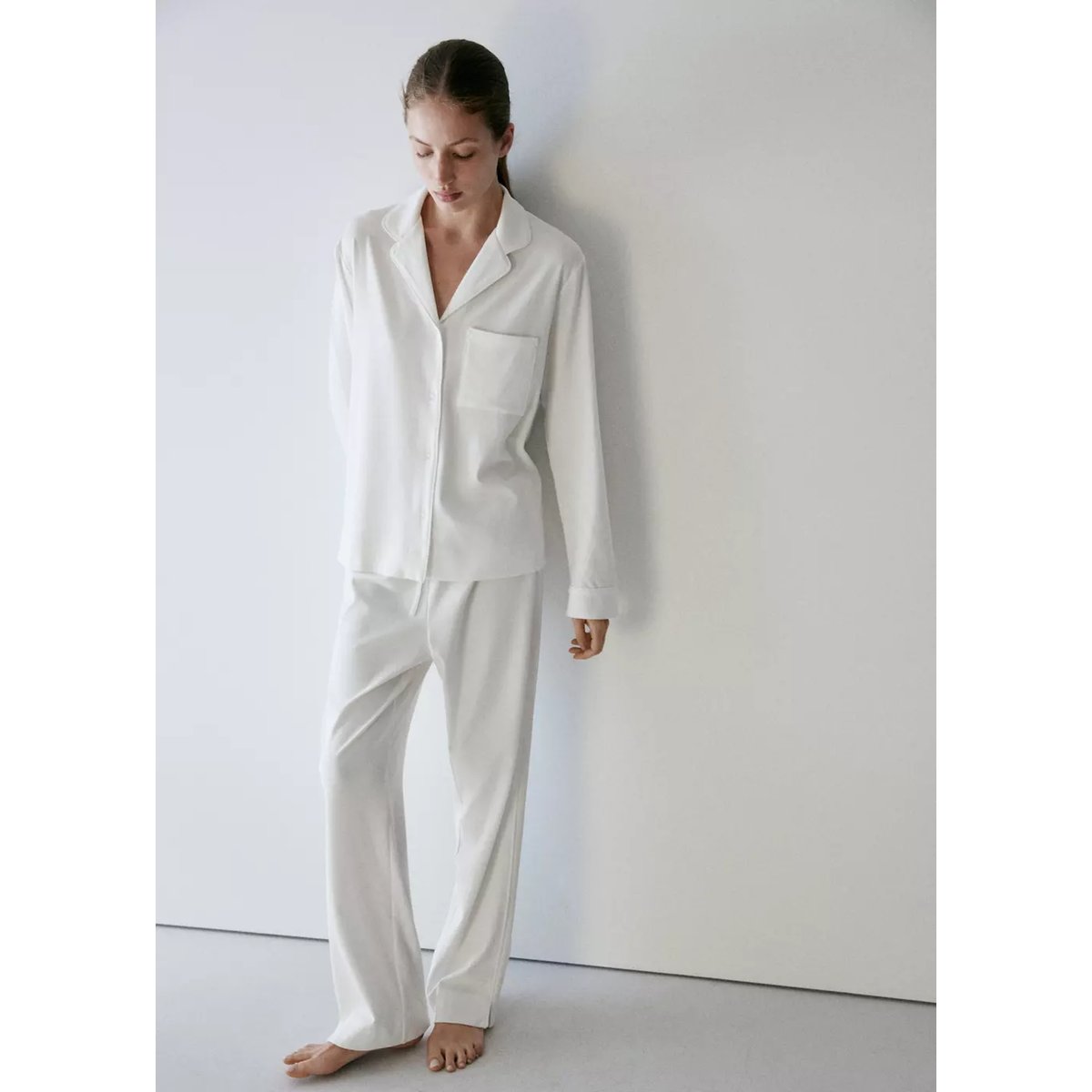 Chemise pyjama coton extensible blanc, MANGO