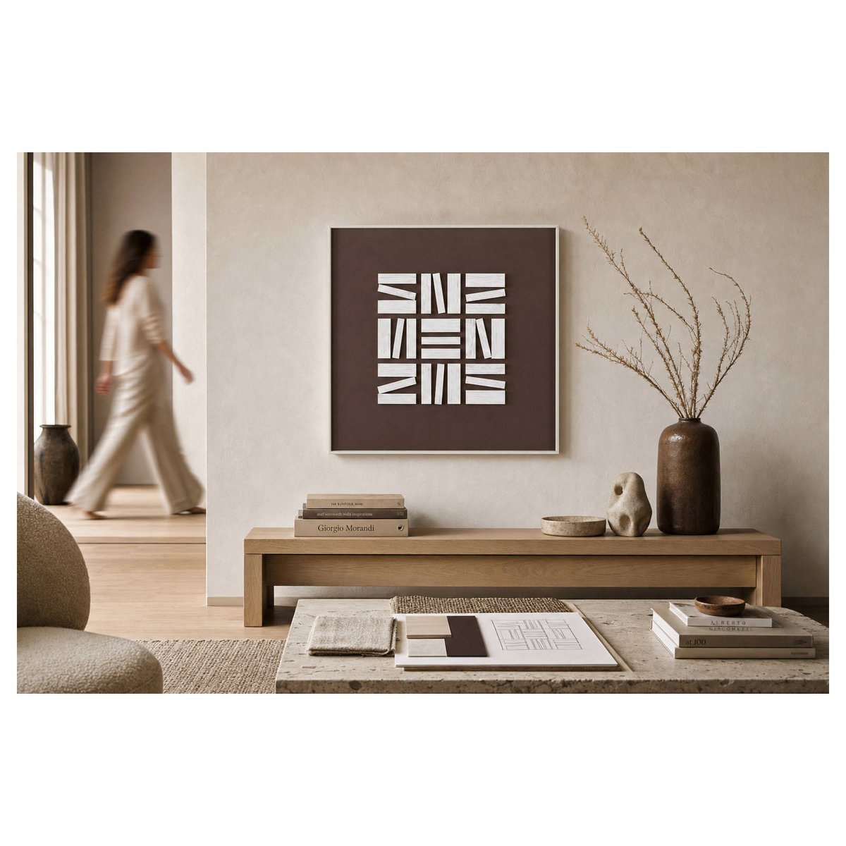 Tableau mural abstrait en bois et verre blanc et brun, RECOLLECTION