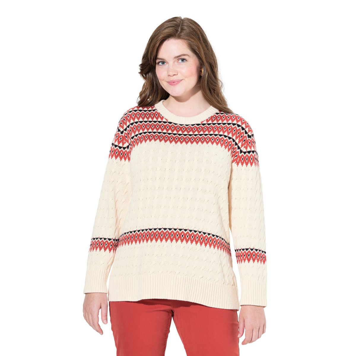 Pull à col rond et manches longues en coton rouge brique, ULLA POPKEN