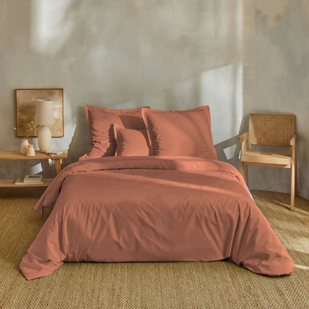 Parure de lit percale unie rouge terracotta, TERRE DE NUIT
