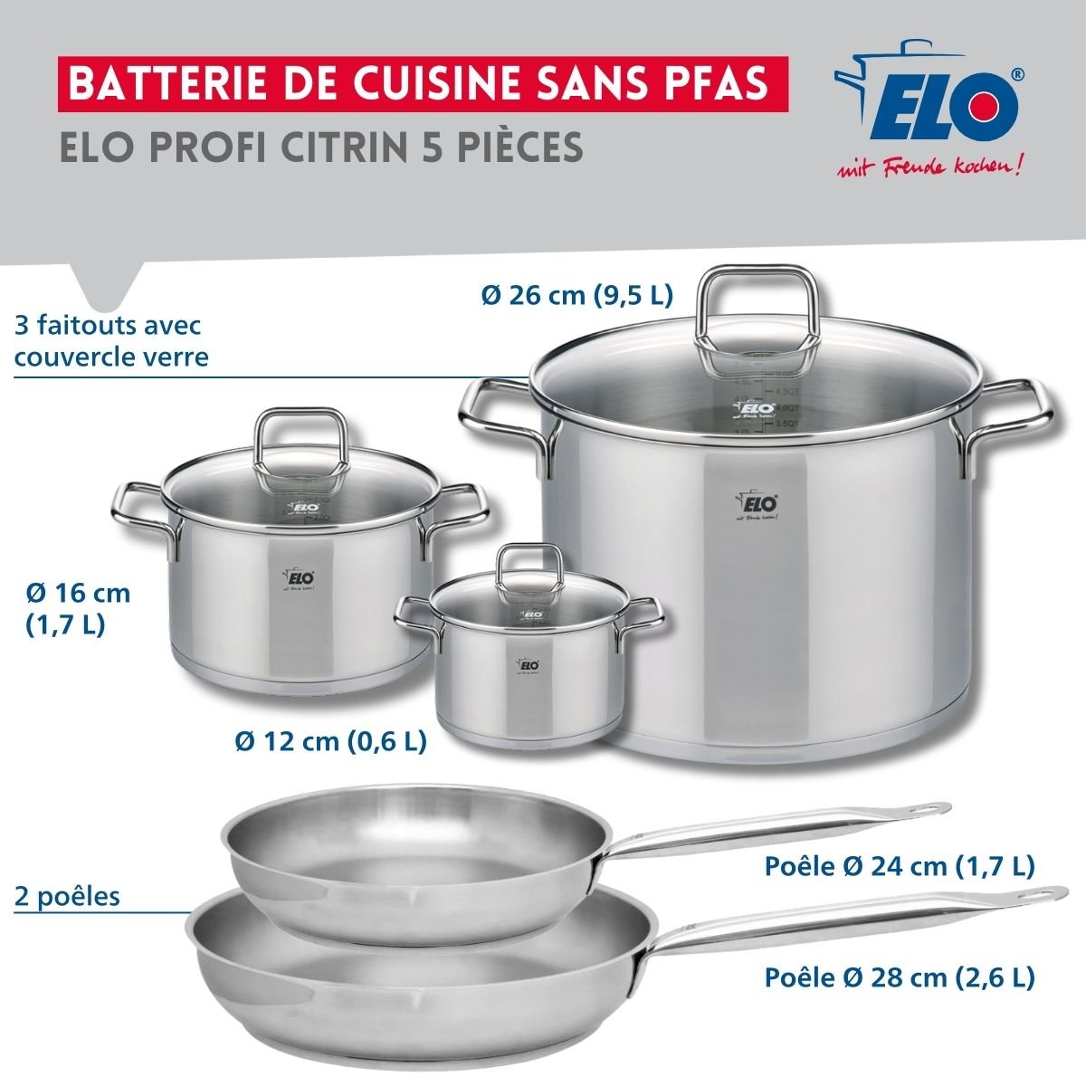 Batterie 2 poêles 24/28cm + 3 faitouts 12/16/26cm PROFI CITRIN gris, ELO
