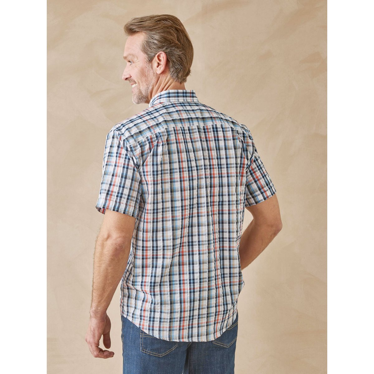Chemise tissu léger et gaufré carreaux corail/bleu, DAXON