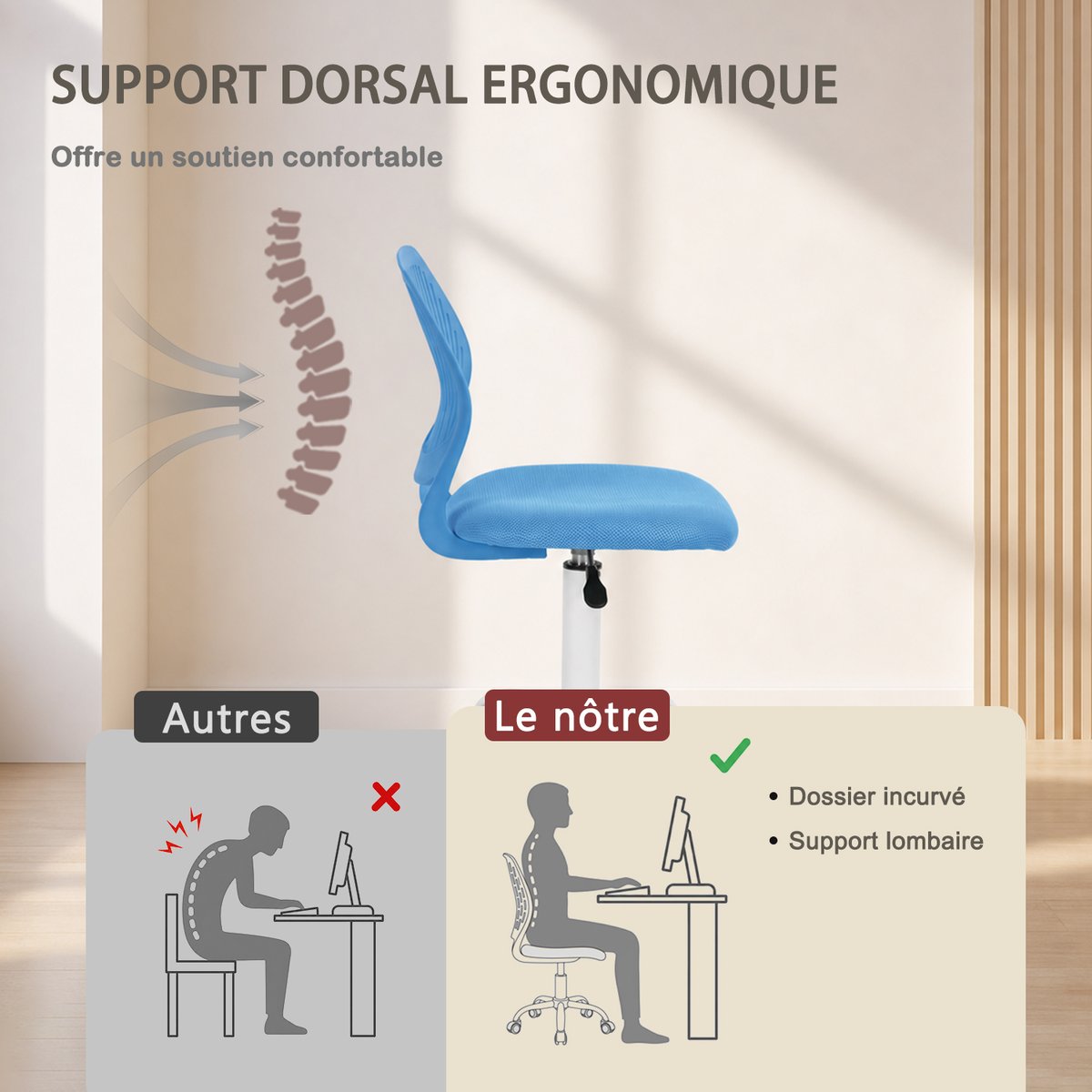 Chaise de bureau pivotante réglable en hauteur en maille, CARNATION bleu, MEUBLES COSY