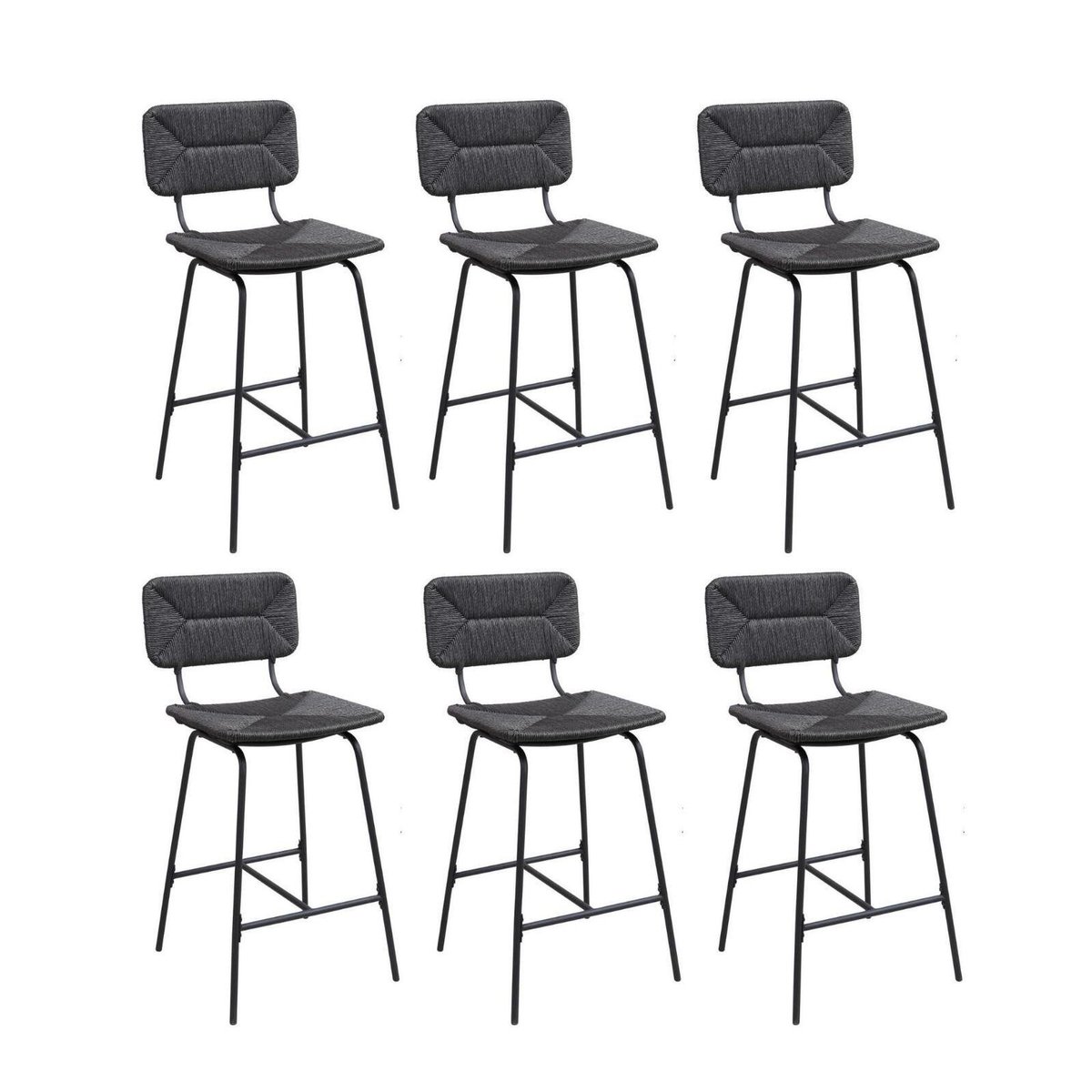 Lot de tabourets de bar et d'ilot en métal et assise rotin 65cm TIDRA|Lot de 6 | Lot de 6 noir, MOB IN