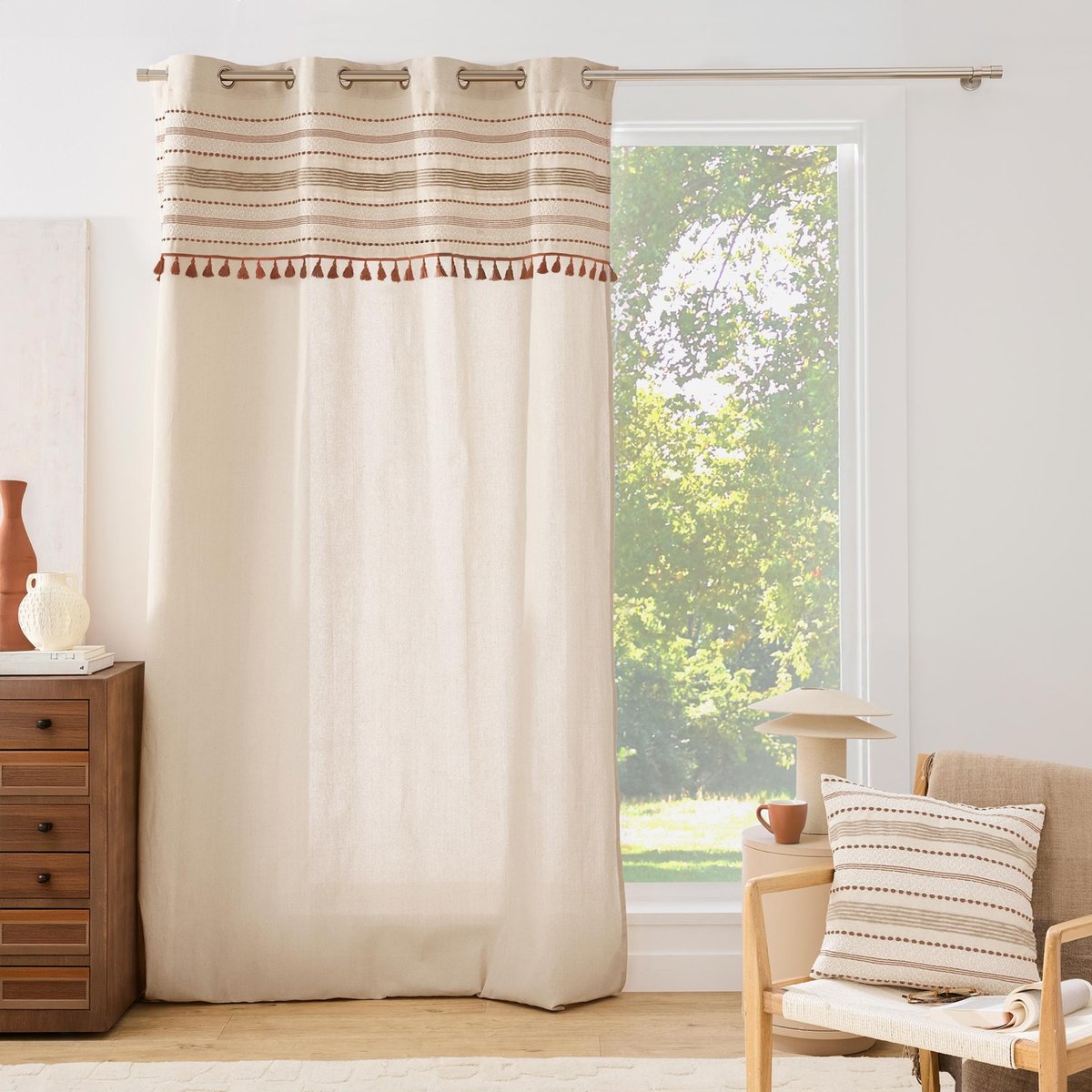 Coussin décoratif en polycoton tissé à rayures texturées naturel, DOUCEUR D'INTÉRIEUR