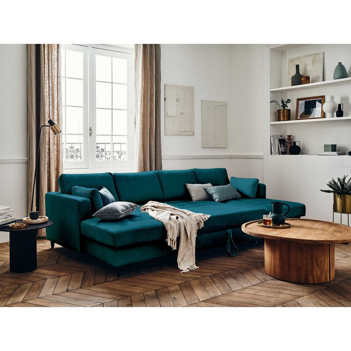 Canapé Panoramique Convertible 7 places - ANNA bleu canard, BEST MOBILIER