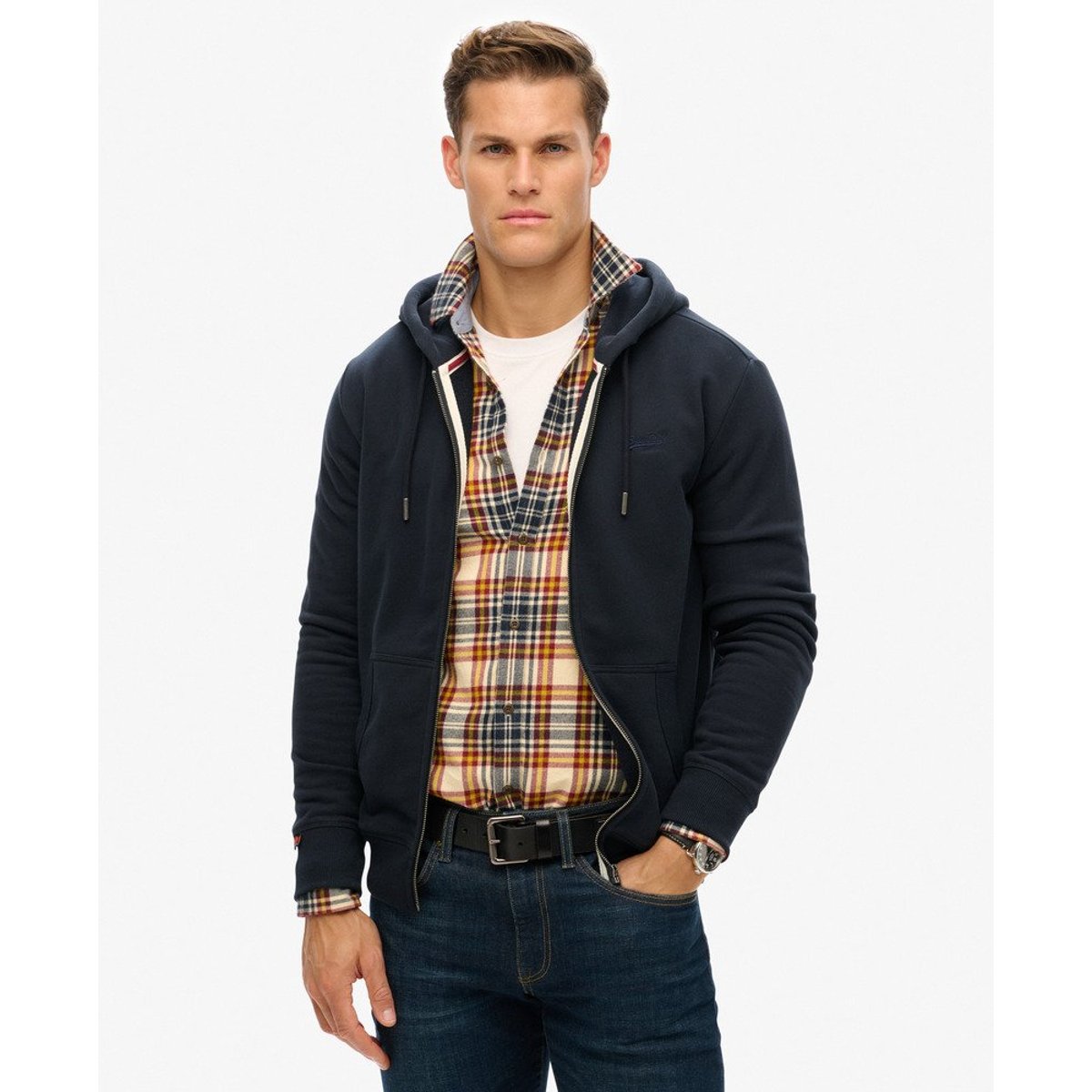 Sweat à capuche zippé Logo Essential mi-brossé bleu marine éclipse, SUPERDRY