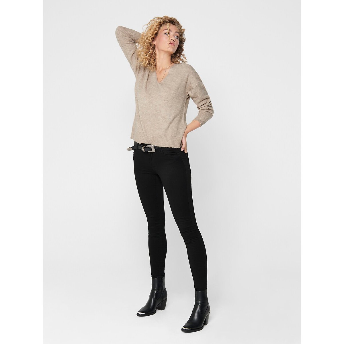 Maglione scollo a V in maglia fine beige, JDY