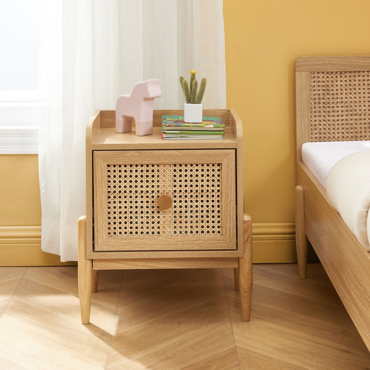 Table de chevet enfant 1 tiroir en bois et cannage- LILOU bois clair, DRAWER