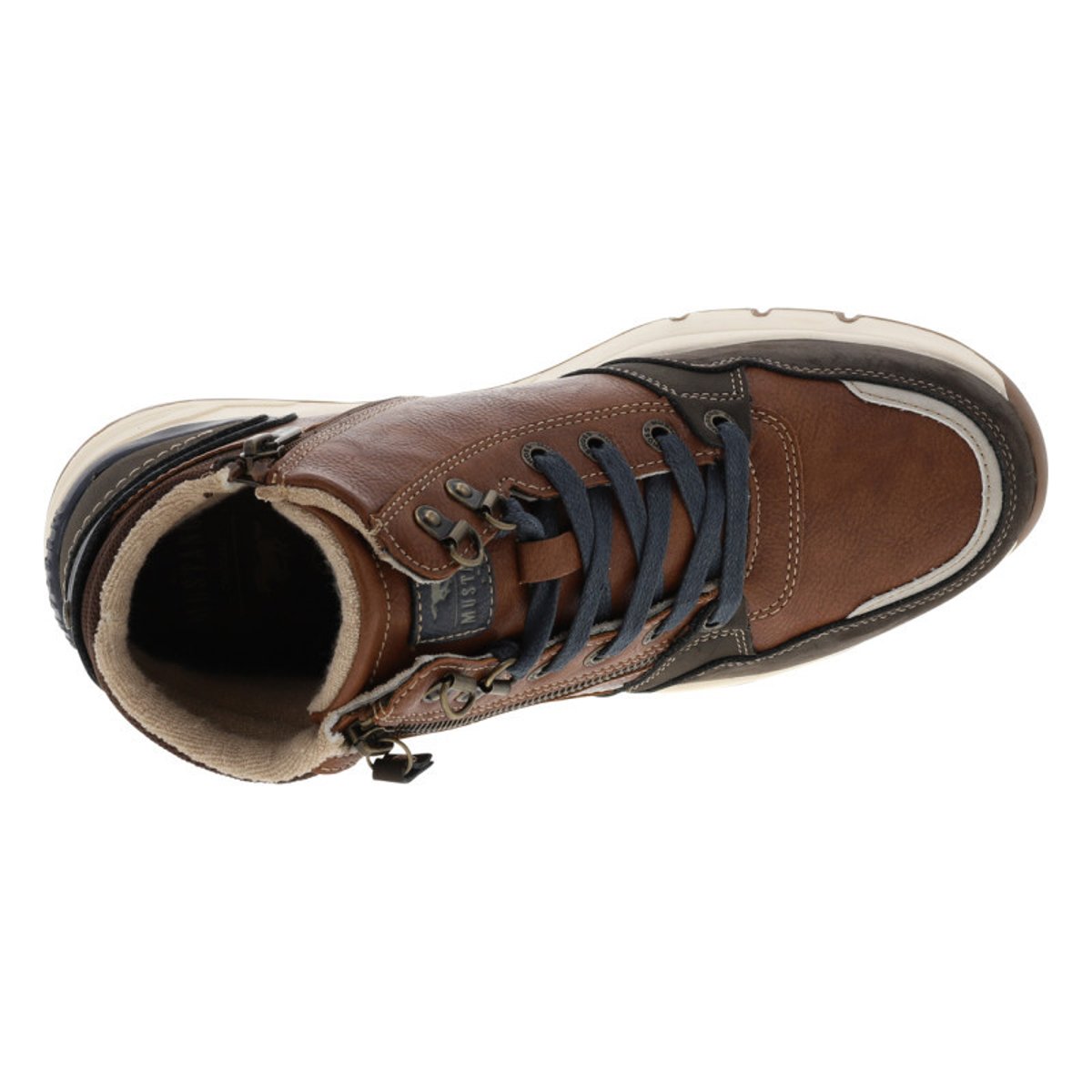 Baskets cognac à talon plat avec des lacets et un zip latéral cognac, MUSTANG