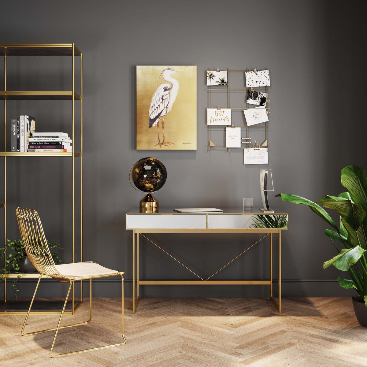Bureau 2 tiroirs en verre miroir et acier, SORAN or, KARE DESIGN