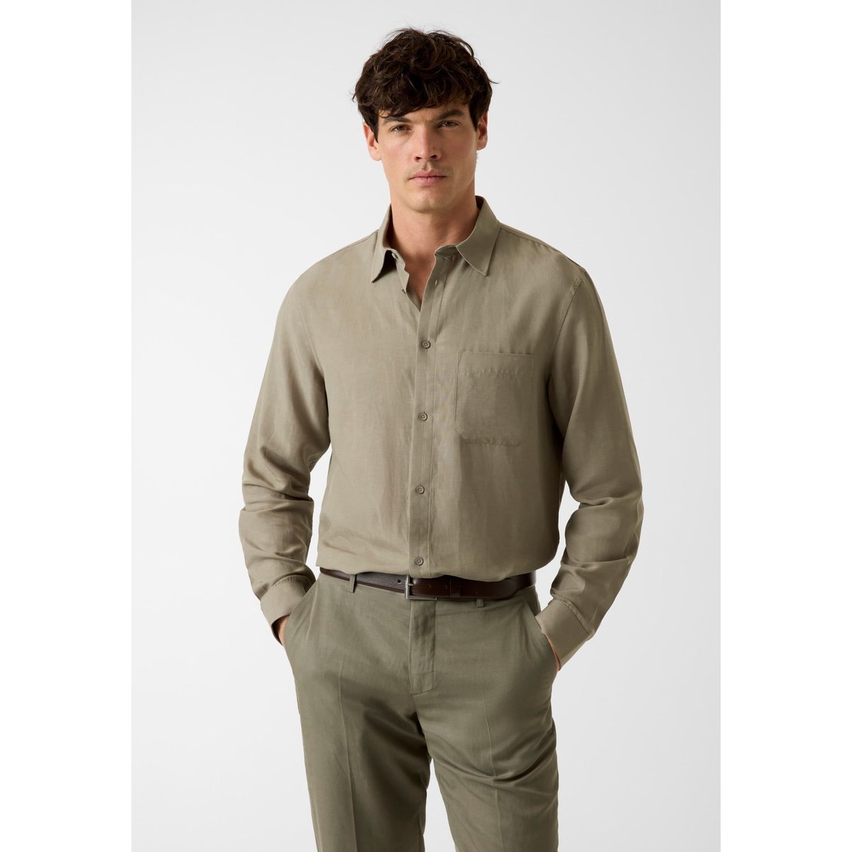 Chemise En Mélange Lyocell vert olive, GUESS
