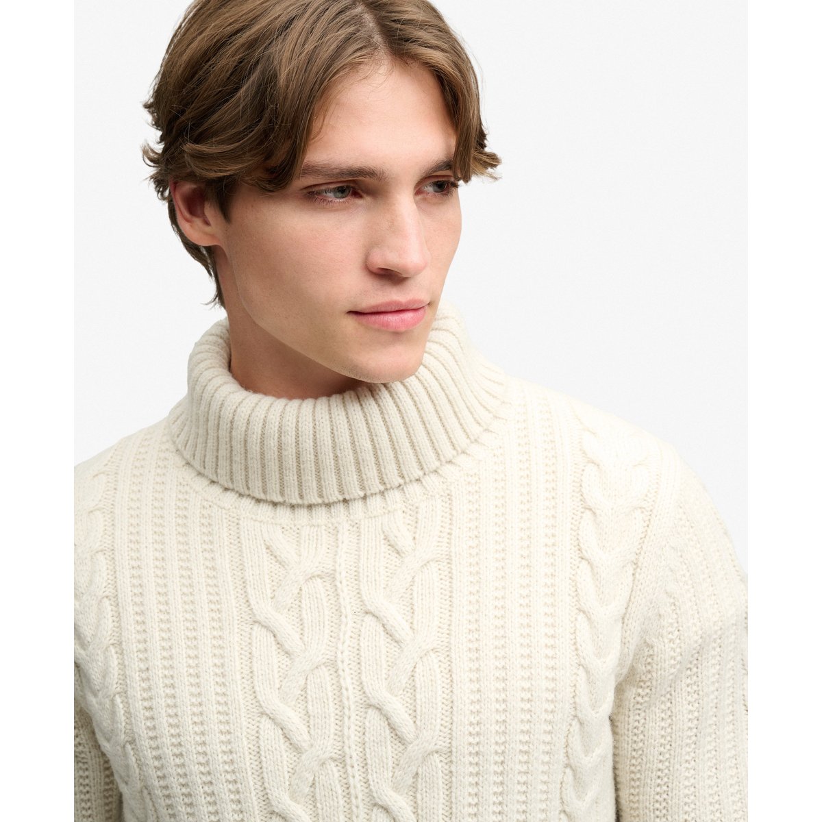 Pull à col roulé Jacob en maille torsadée écru, SUPERDRY