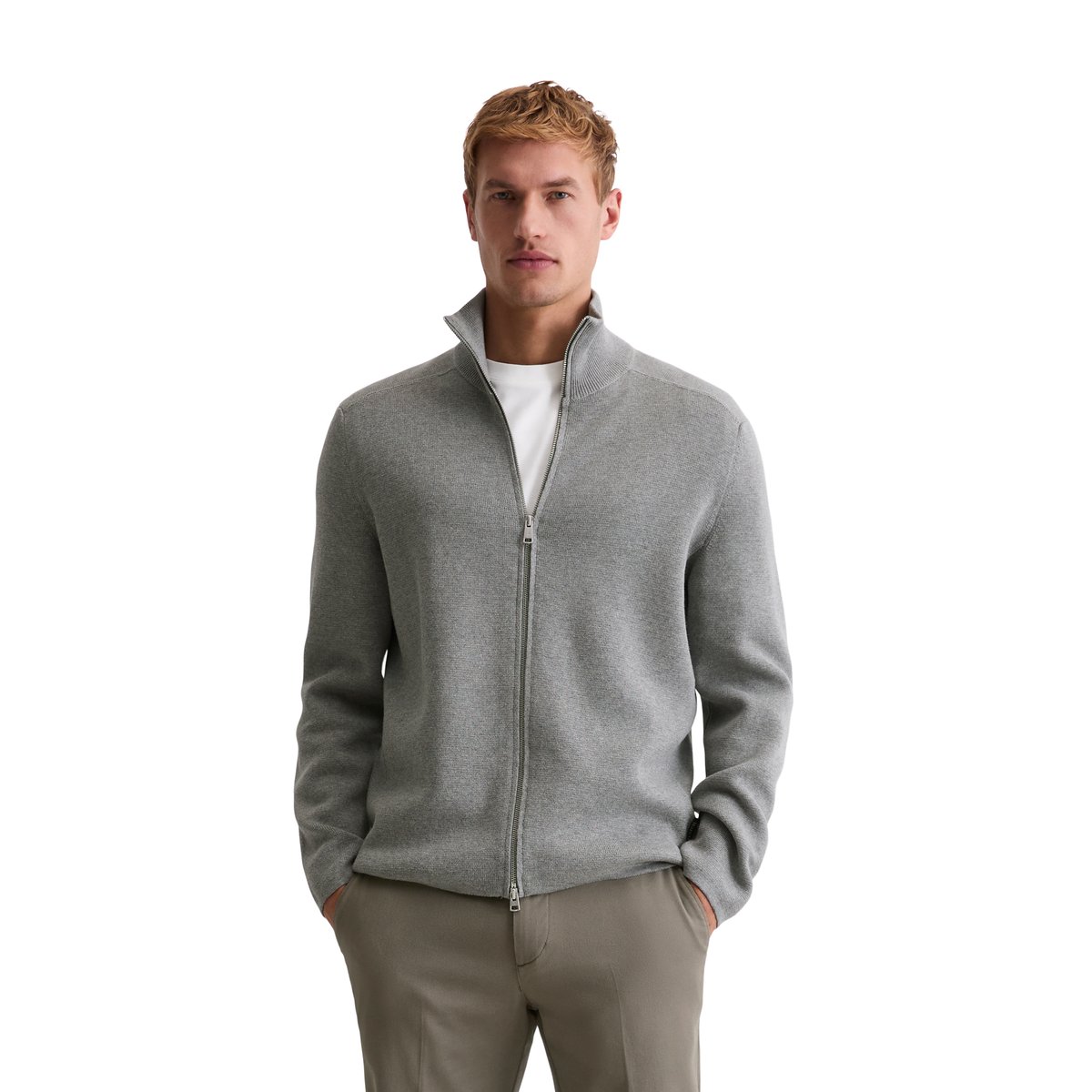 Cardigan zippé regular en pur coton bio gris, MARC O'POLO