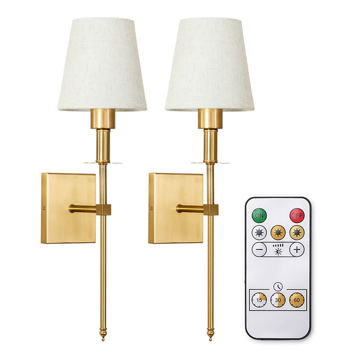 Set of 2 Kasey Rechargeable Easy Fit Wall Lights with Shades in Antique Brass gold-coloured, SO'HOME
