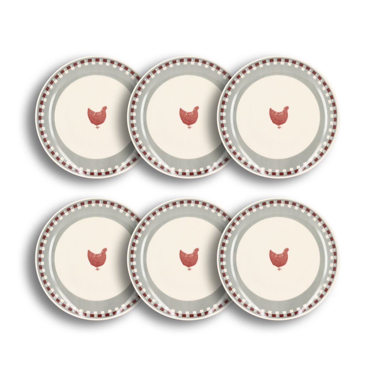 Lot de 6 assiettes plates en grès 26cm, GALLINA blanc-gris-rouge, NOVASTYL