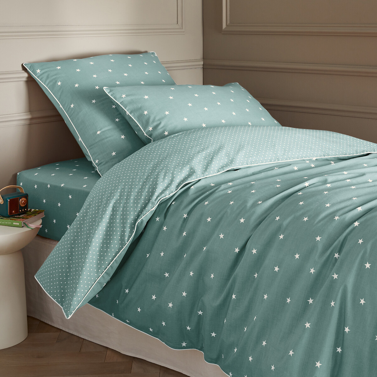 Housse de couette percale coton biologique, Stella bleu céladon/écru, AM.PM