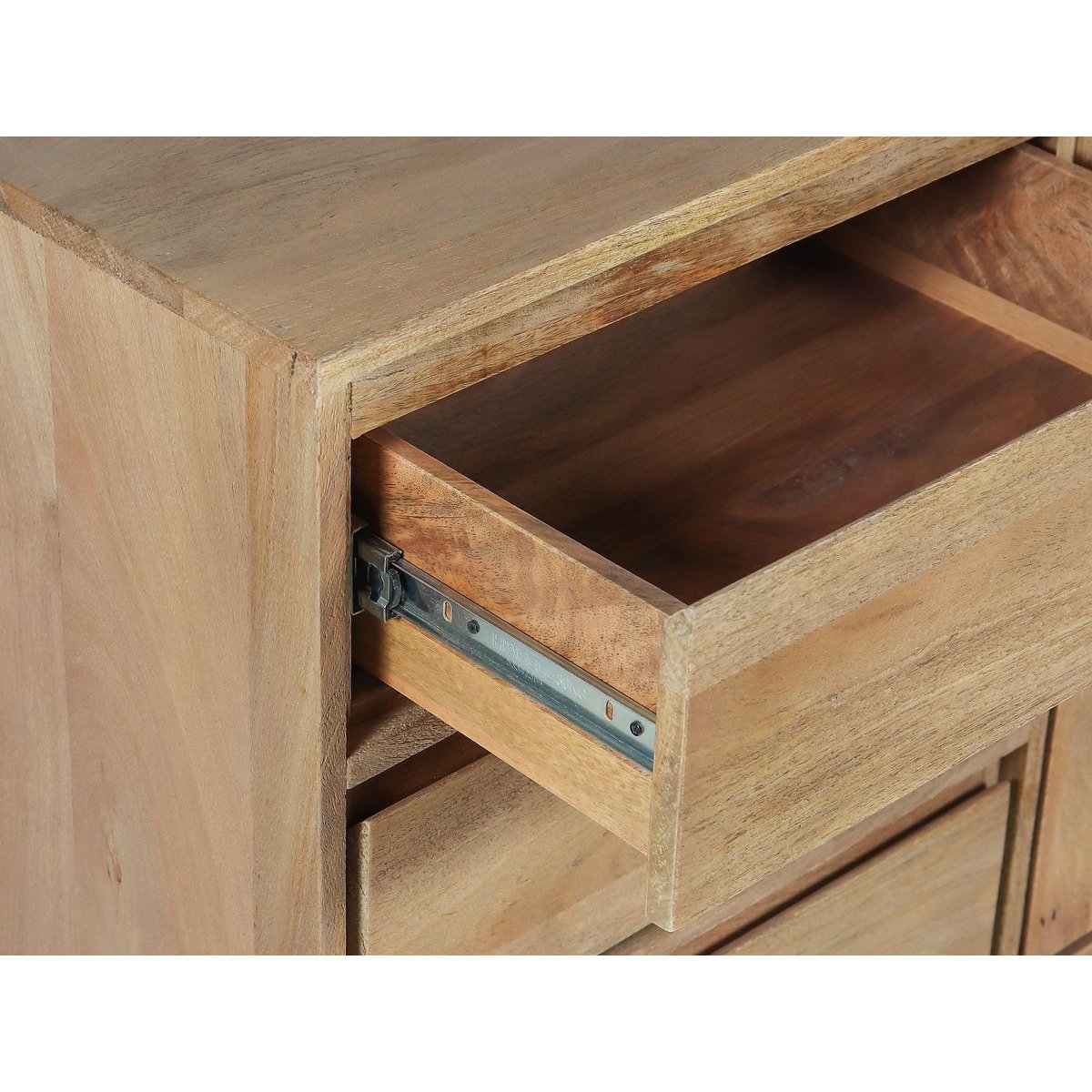 Buffet bas en bois massif 2 portes 3 tiroirs 150 cm, BERGERAC marron clair, BOBOCHIC