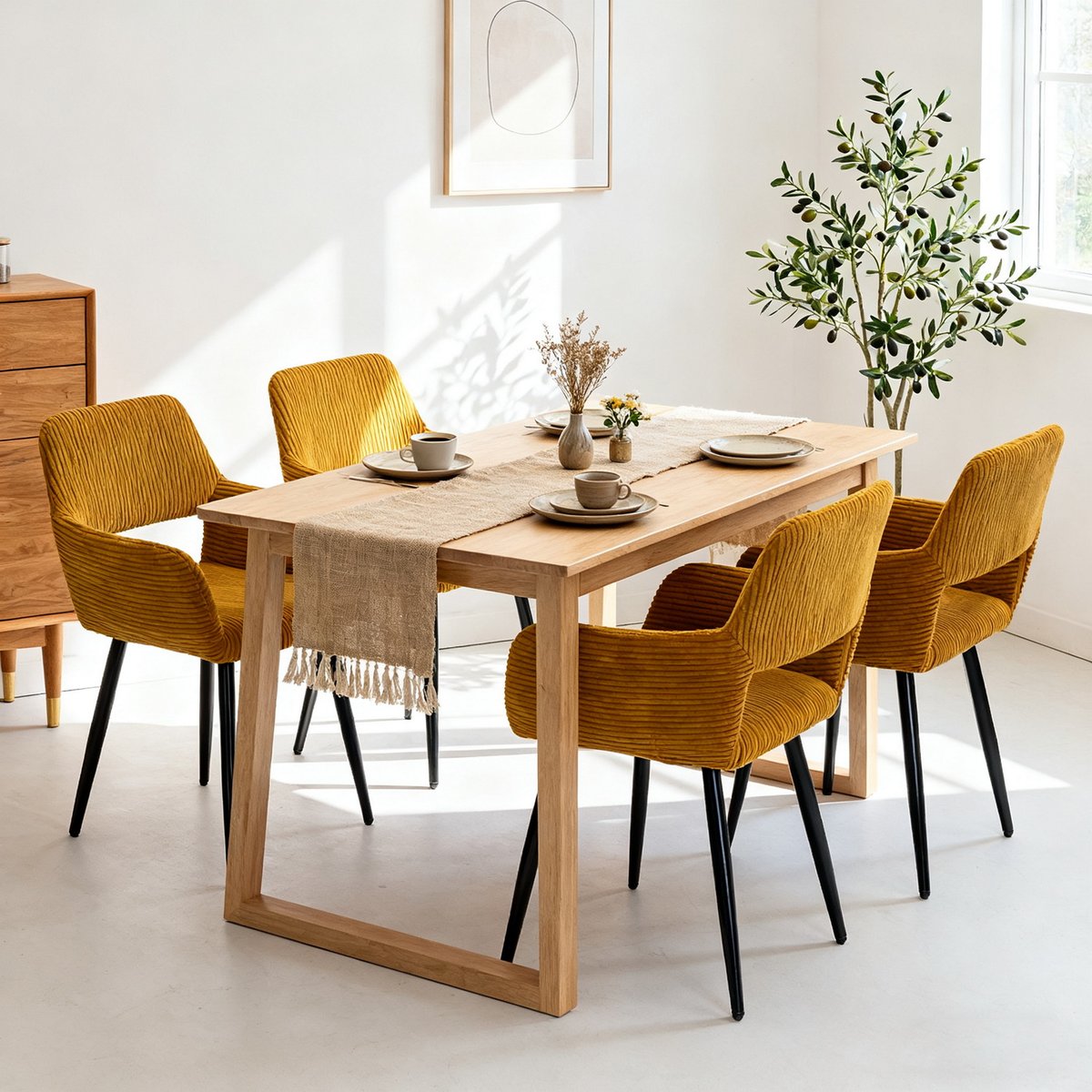 Lot de 4 chaises de salle à manger velours côtelé scandinave, CROMWELL jaune, MEUBLES COSY