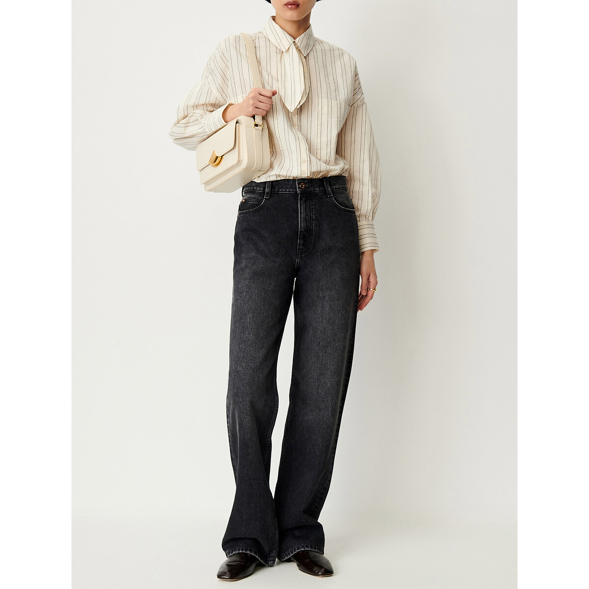 Cecily Striped Pussy-Bow Collar Shirt ecru striped, SESSUN