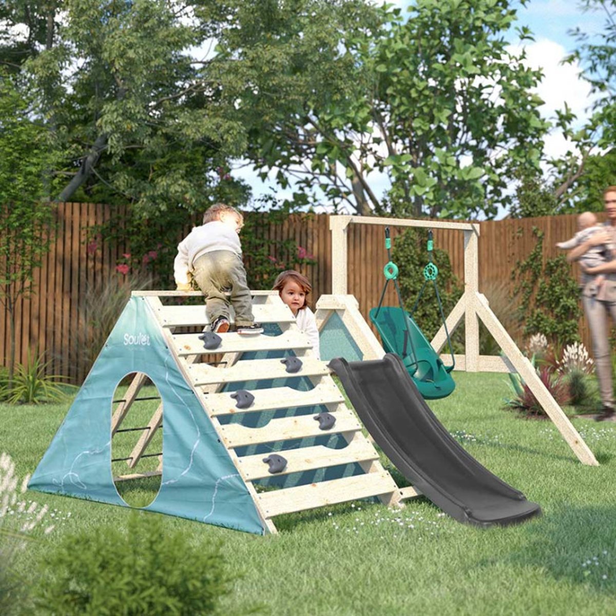 Aire de jeux en bois premier âge et balançoire bébé OLYMPE beige, SOULET