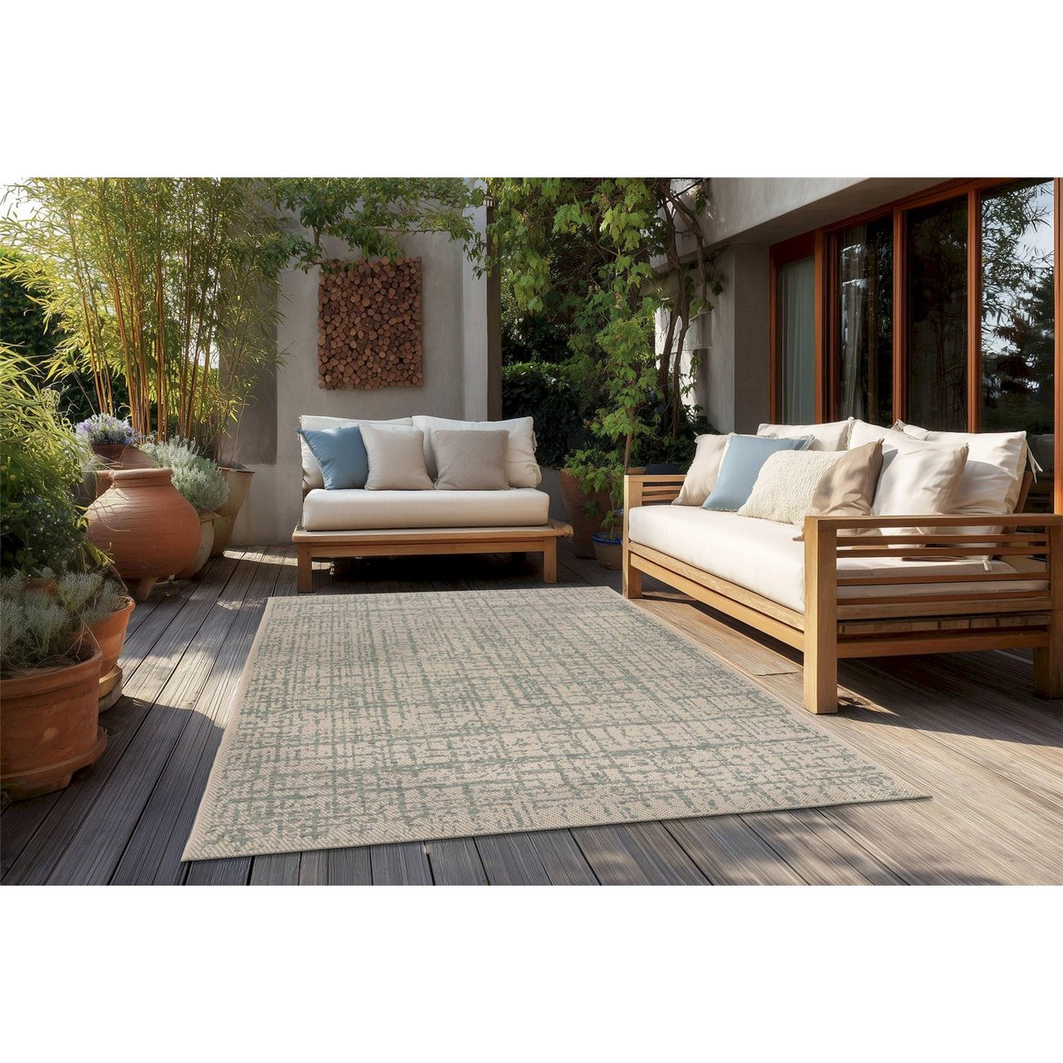 Tapis rectangulaire, Tribal bleu vert sur fond beige, ARTE ESPINA