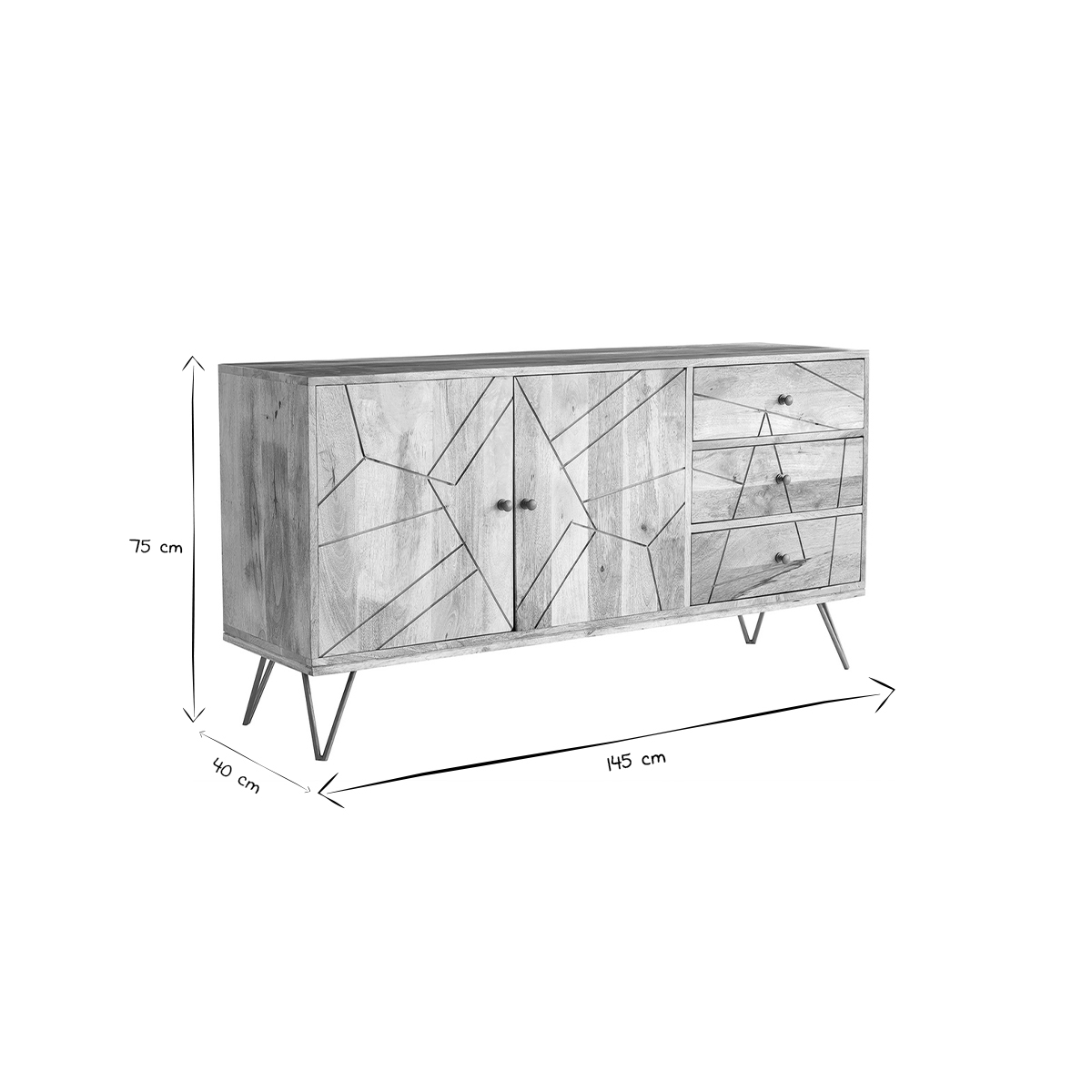 Buffet gravé en bois manguier massif et métal doré 2 portes 3 tiroirs L145 cm LINIUM bois brut, MILIBOO