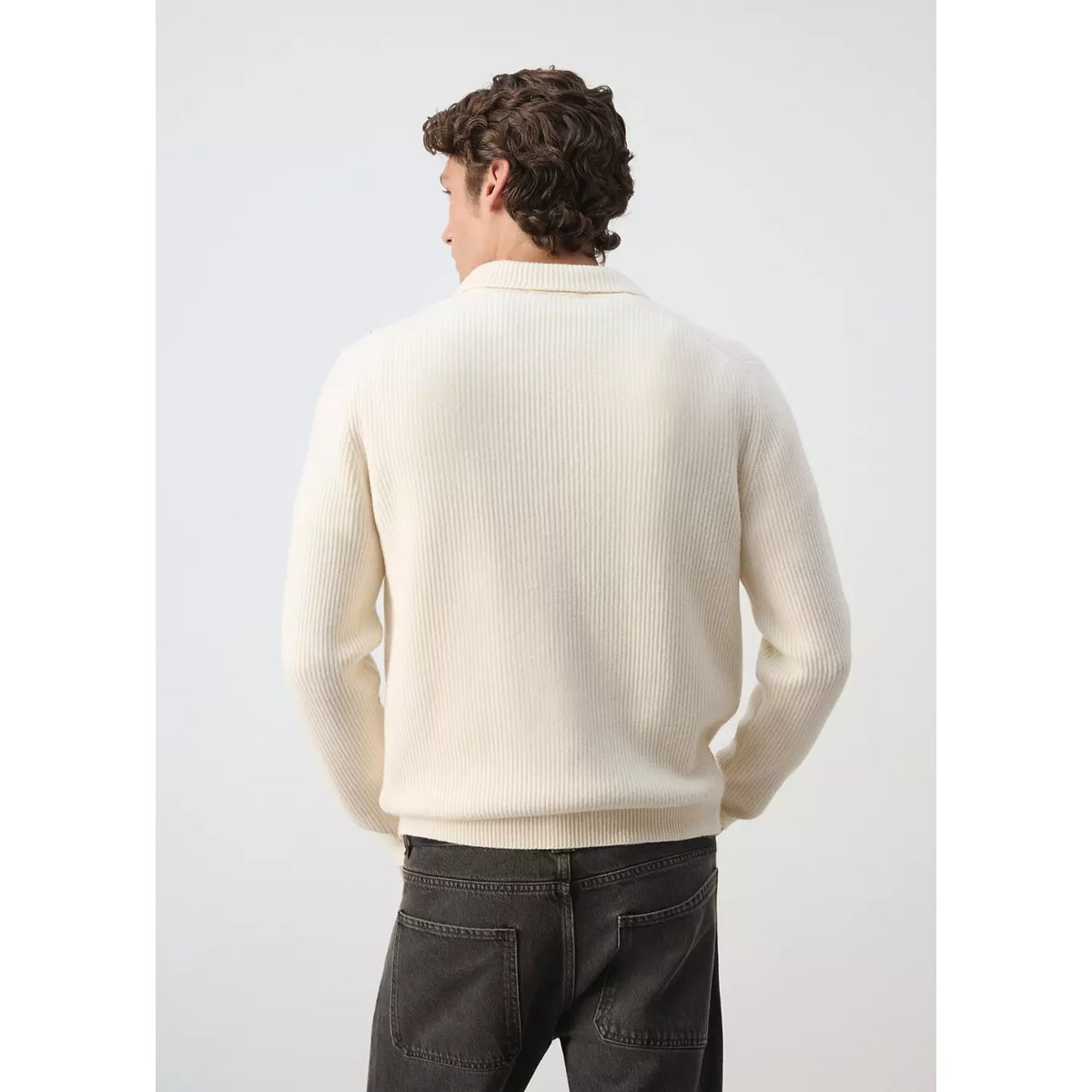 Pull polo côtelé en mélange de laine et de coton blanc cassé, MANGO MAN