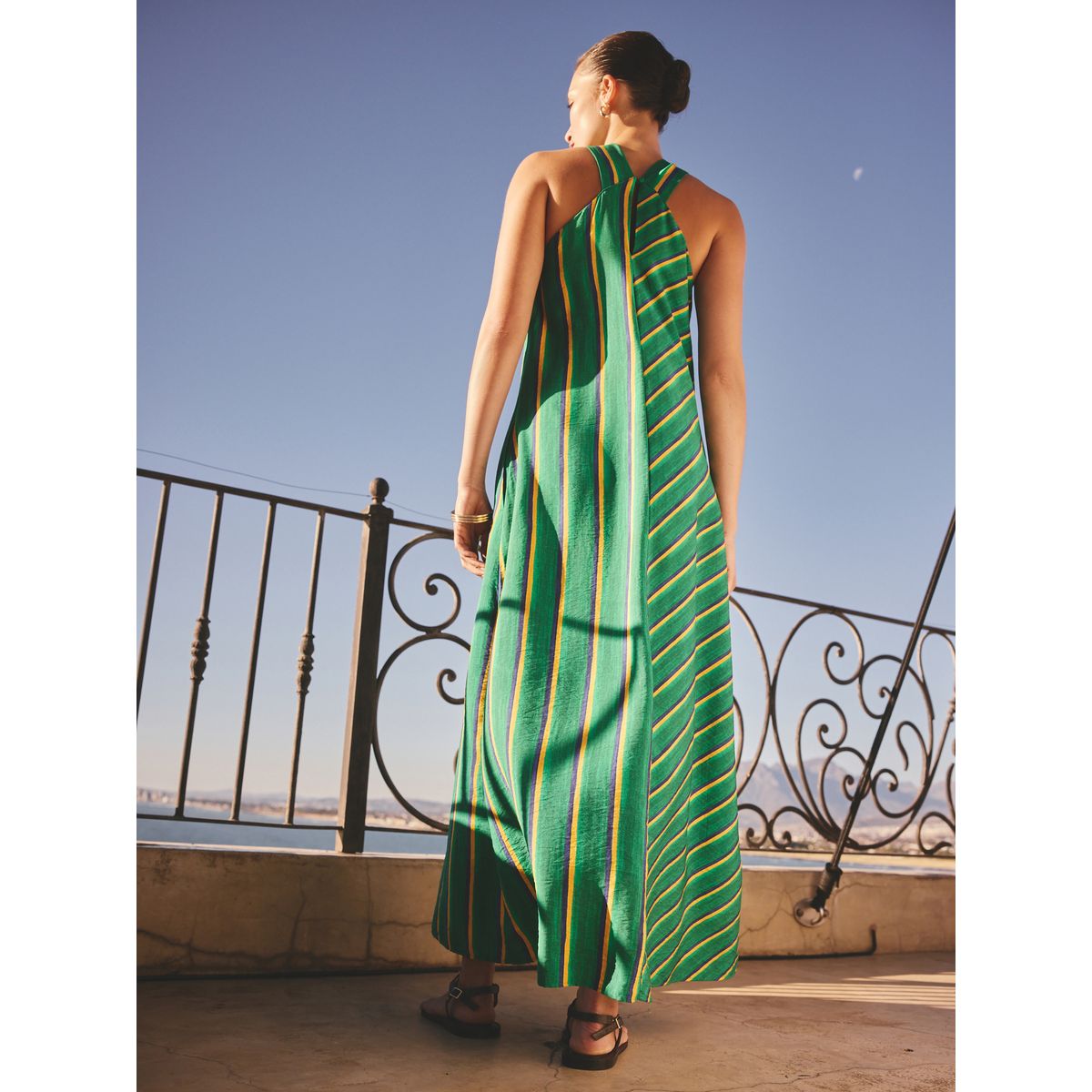 Robe mi-longue dos nu à encolure torsadée rayures vertes/jaunes, NEXT