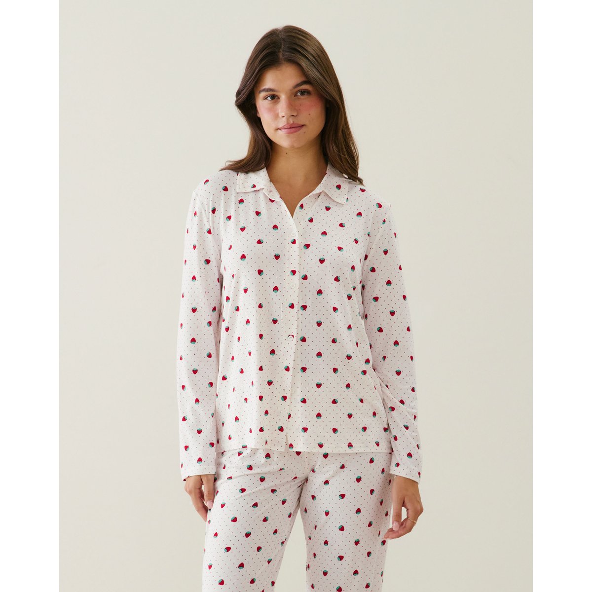 Ensemble de pyjama en jersey à pois et motifs fraises ANIMIZ ecru, UNDIZ