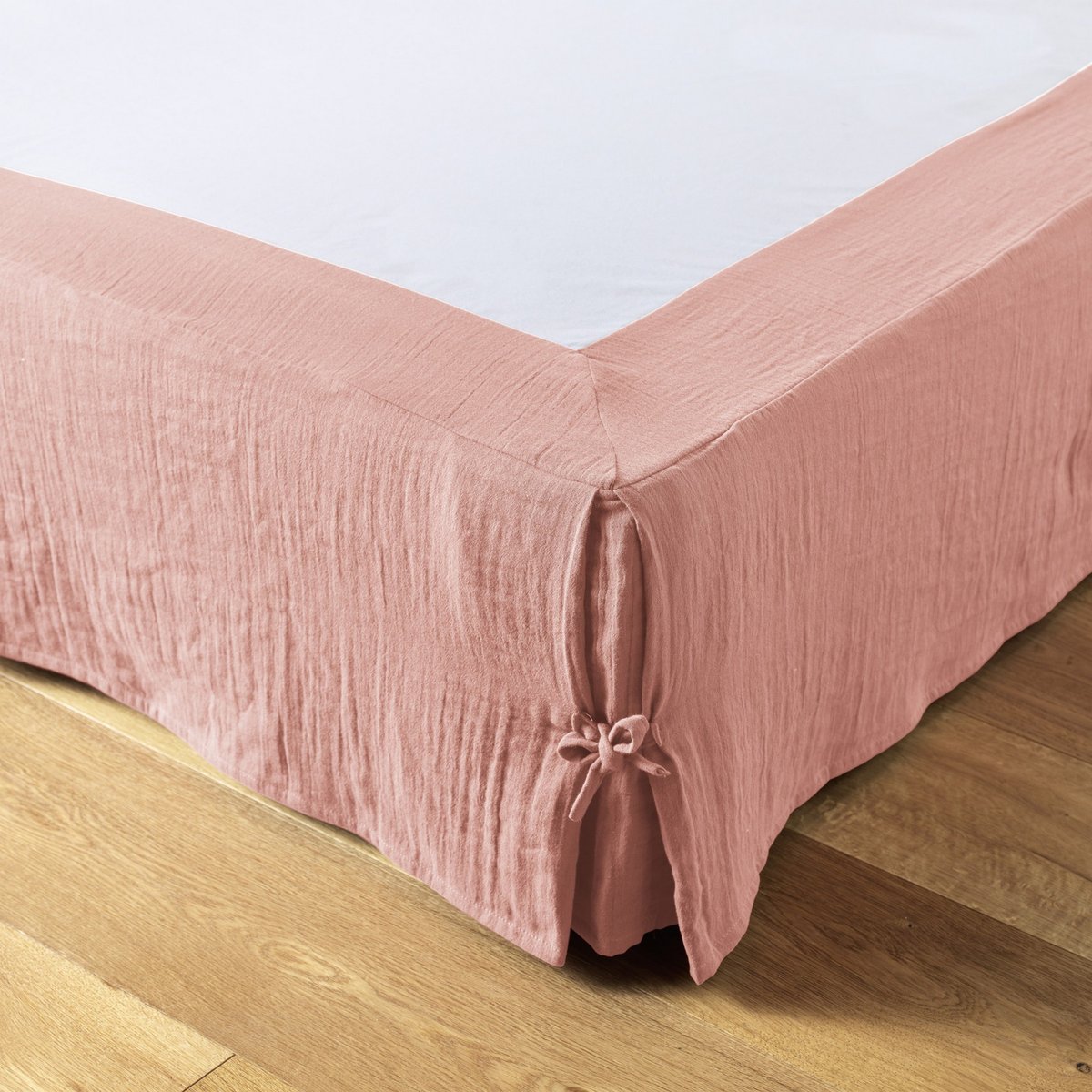 Cache sommier, en 100 % Gaze de coton, avec volant 30 cm rose pêche, EDEN