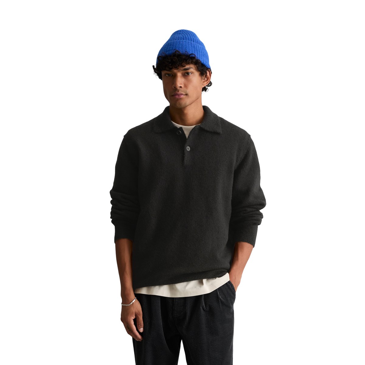 Pull style polo, coupe classique en mélange de laine vierge douce noir, MARC O’POLO DENIM