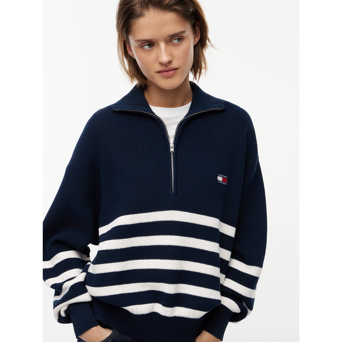 Striped Zip-Up Collar Jumper navy/ecru, TOMMY JEANS