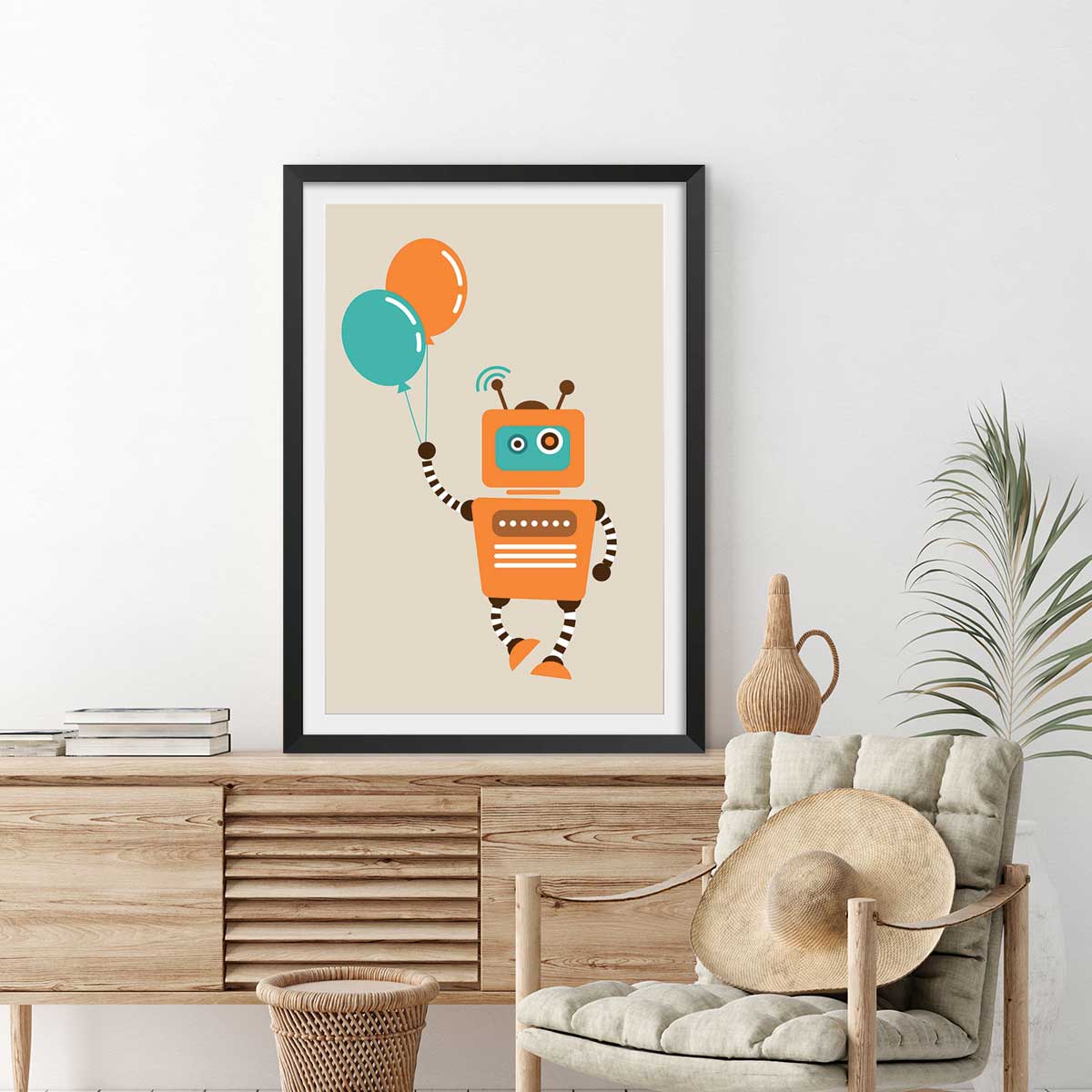 Affiche robot aux ballons affiche + cadre en bois - noir, HEXOA