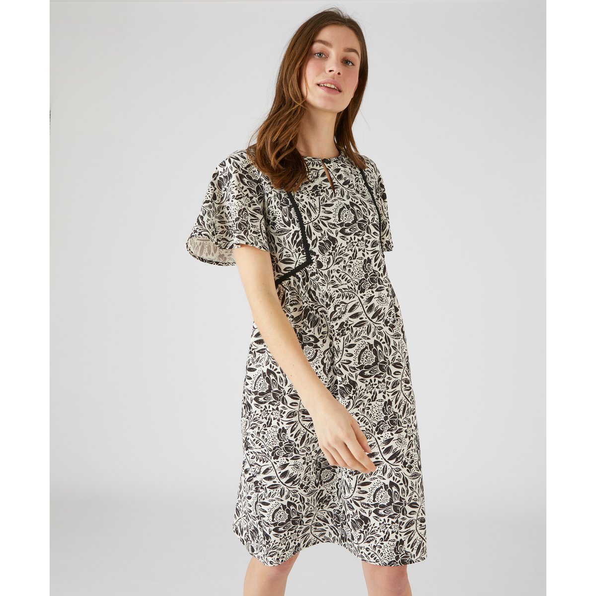 Robe imprimée en lin mélangé noir blanc fleuri, DAMART