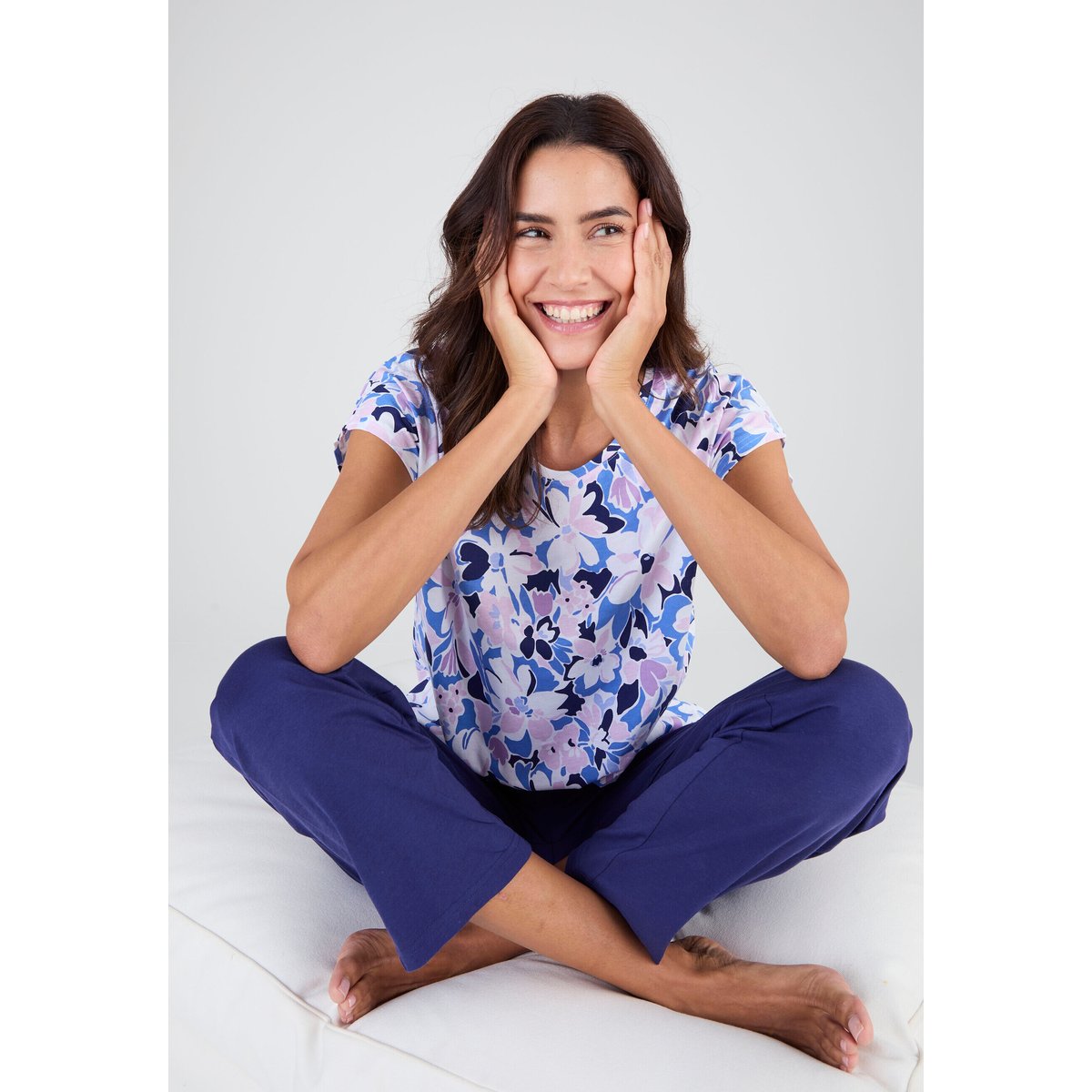 T-shirt de pyjama en pur coton bleu fleuri, DAMART