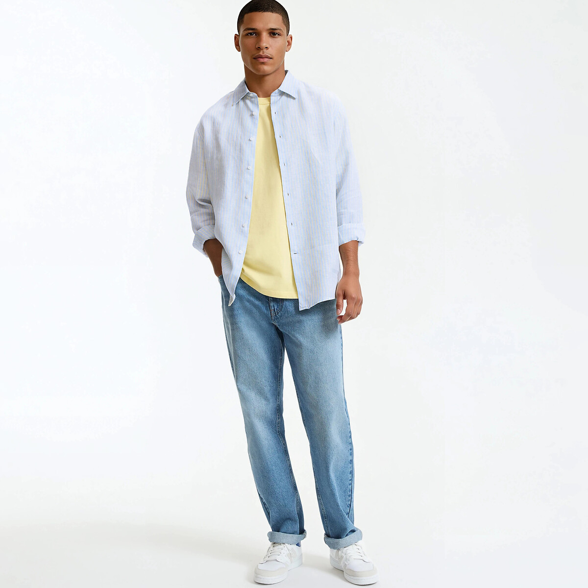 Chemise droite en lin, manches longues rayé bleu/jaune, LA REDOUTE COLLECTIONS