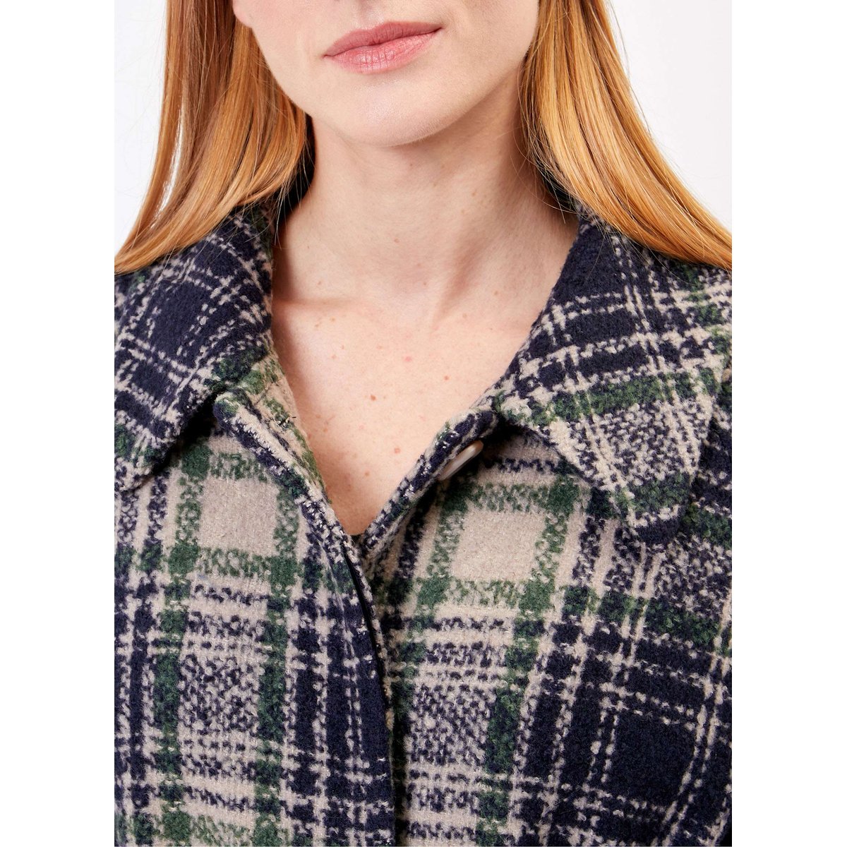 Manteau long en lainage motif BEKA bleu nuit vert, LA FIANCÉE