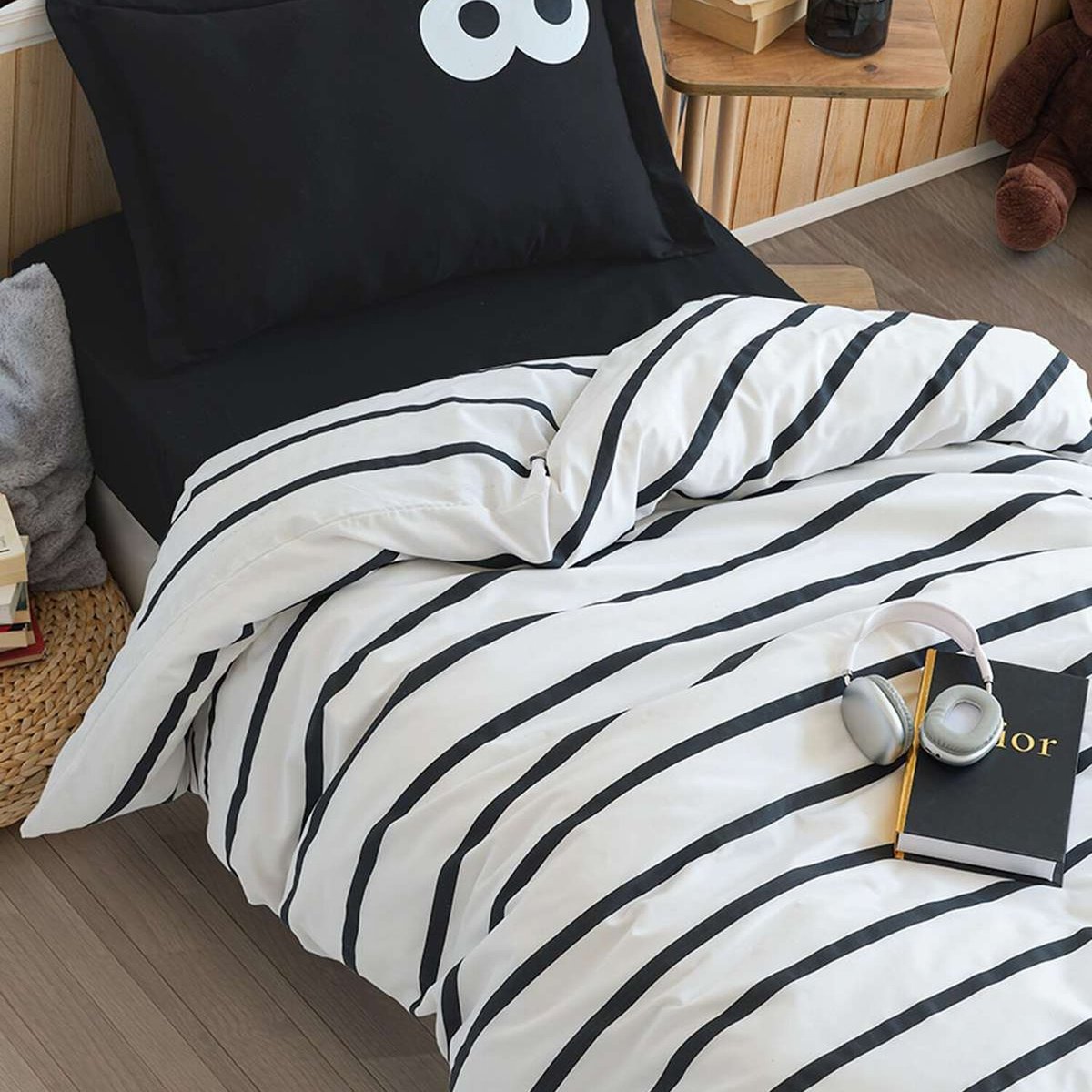 Parure de lit enfant polycoton imprimée rayures, Funny blanc / noir, C DESIGN HOME TEXTILE