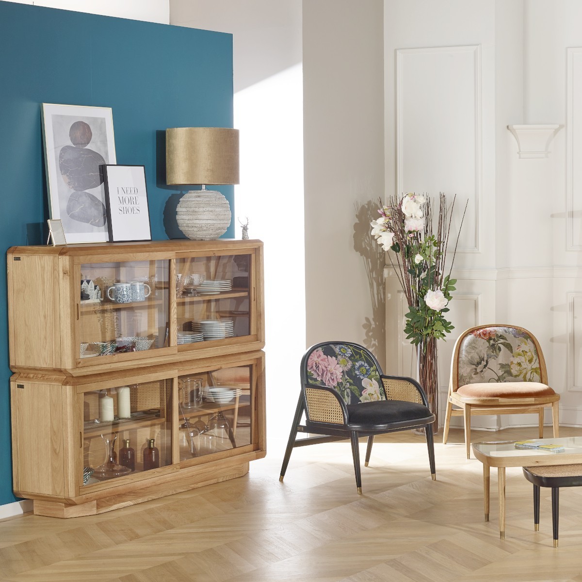 Fauteuil en chêne, cannage et velours MARCEL caramel, ROBIN DES BOIS