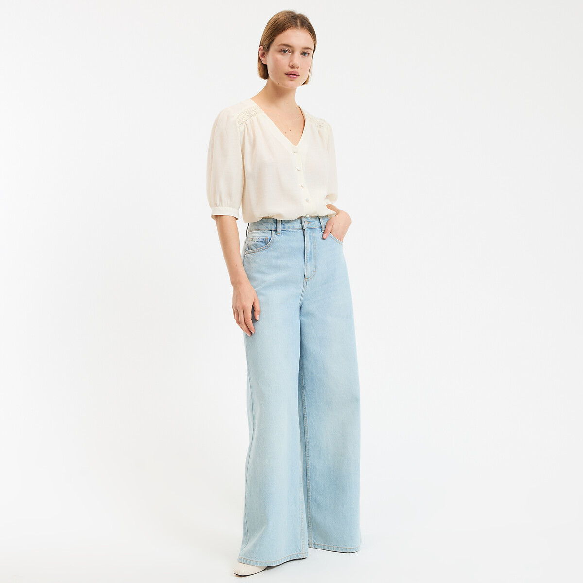 Chemisier fluide, col V, manches courtes ecru, LA REDOUTE COLLECTIONS
