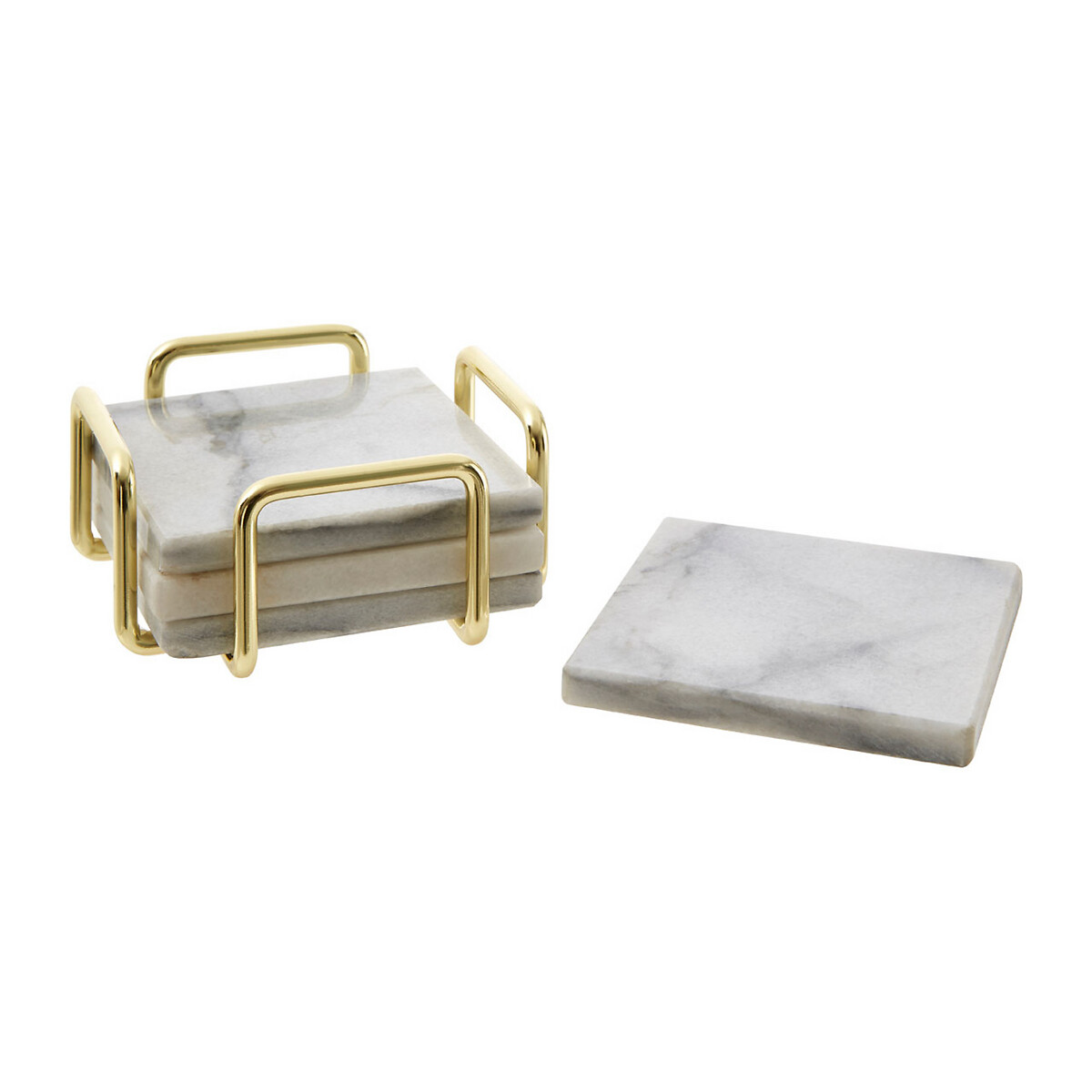 Set of 4 Marble Coasters with Brass Finish Holder white, SO'HOME