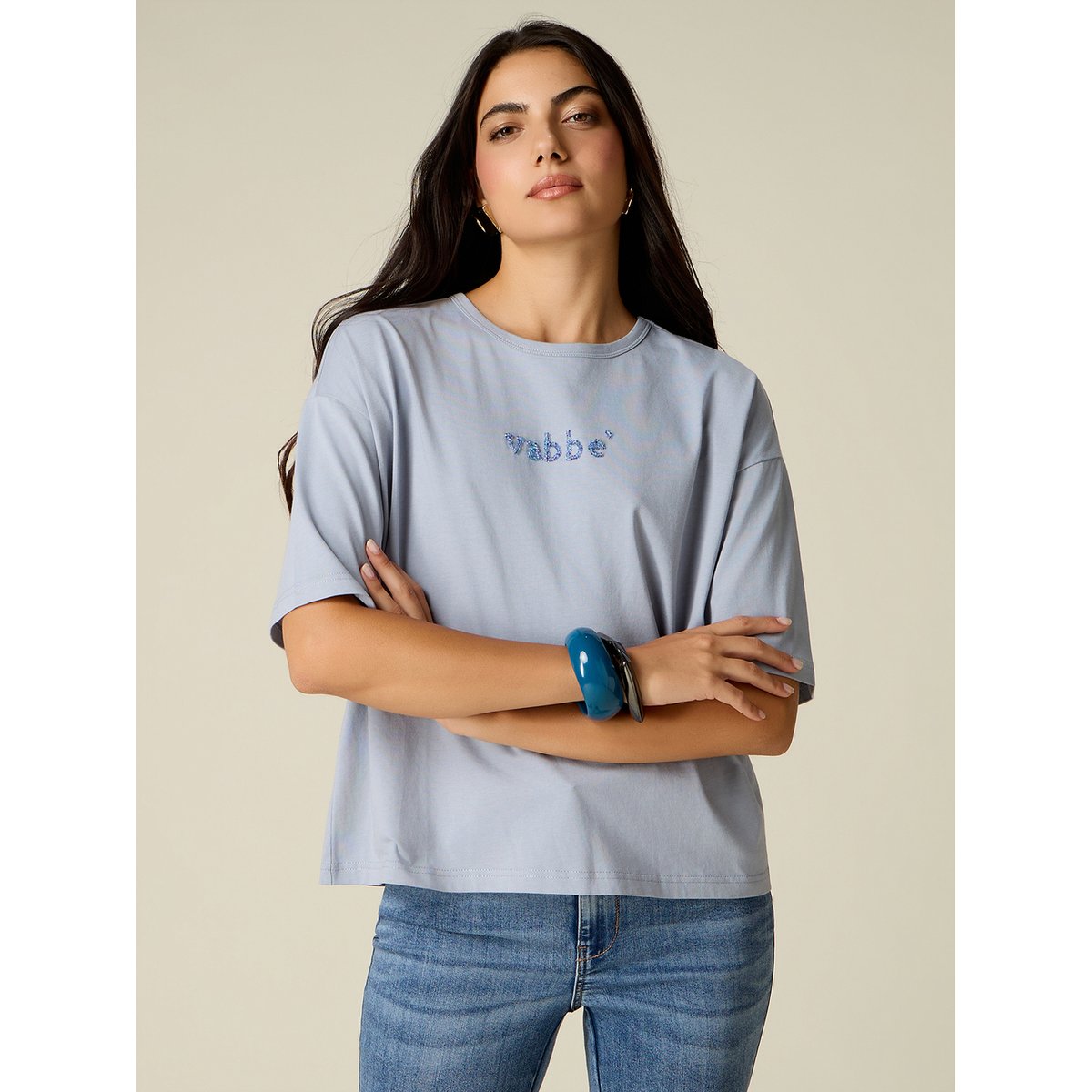 T-shirt avec broderie lettrage beige, OLTRE