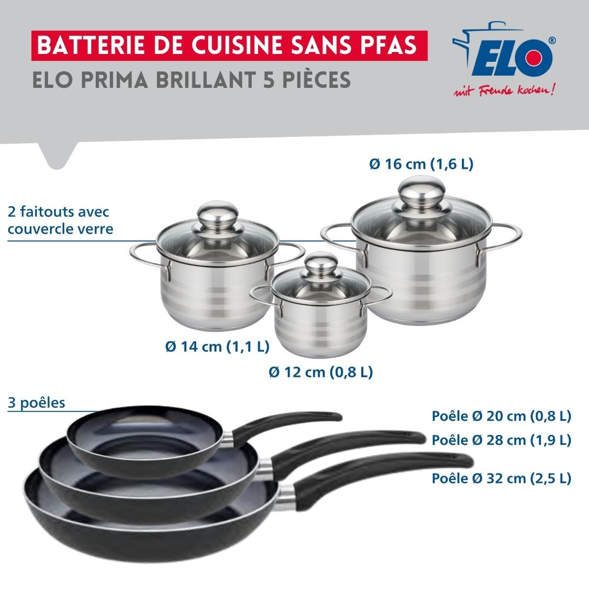 3 poêles 20/28/32cm + 3 faitouts 12/14/16cm PRIMA BRILLANT noir, ELO