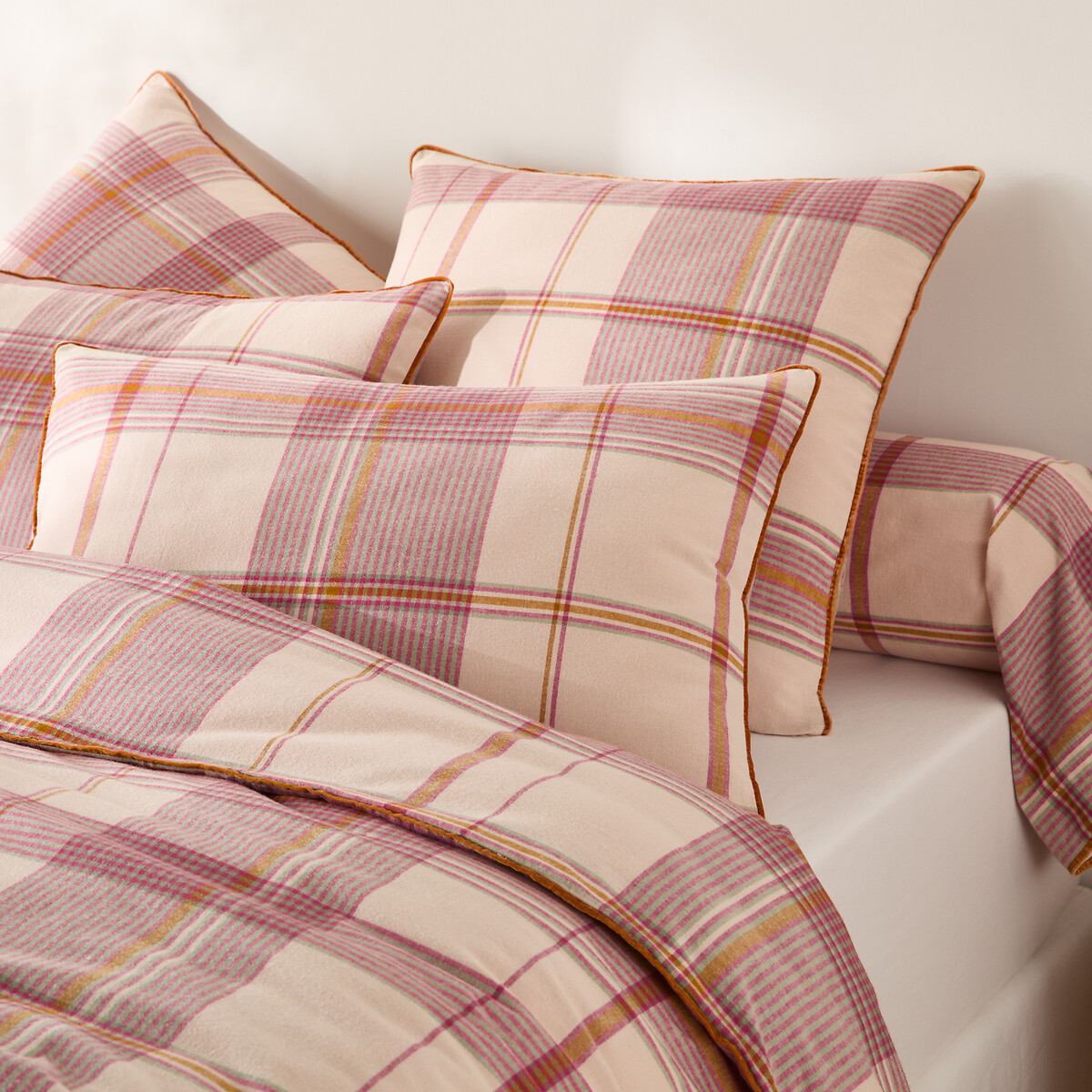 Taie d'oreiller en flanelle de coton, Dollon carreaux fond rose, LA REDOUTE INTERIEURS