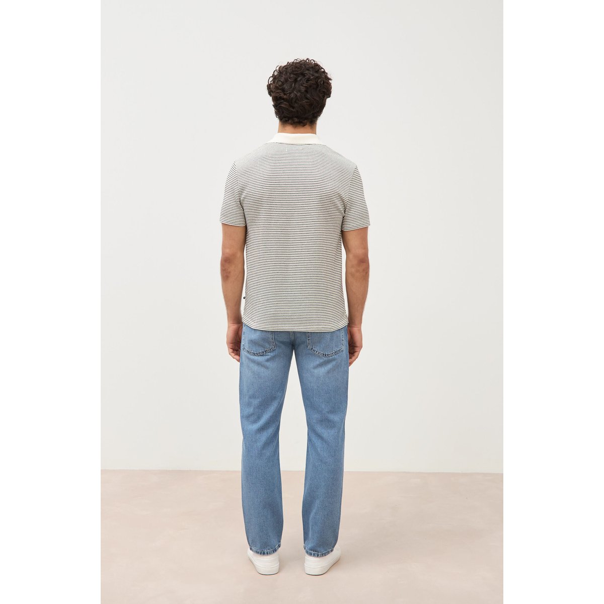 Polo cintré manches courtes col cubain ecru, BONOBO