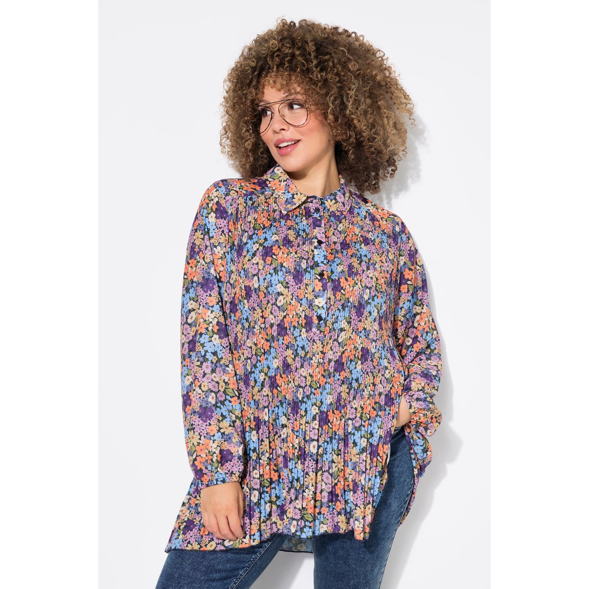 Chemisier plissé à fleurs, coupe évasée orange vif, ULLA POPKEN