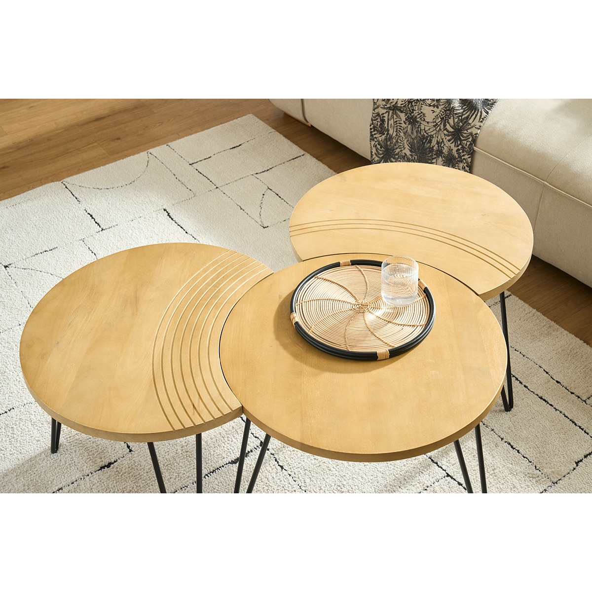 Tables basses gigognes gravées bois manguier massif et métal noir (lot de 3) VIBES naturel, MILIBOO